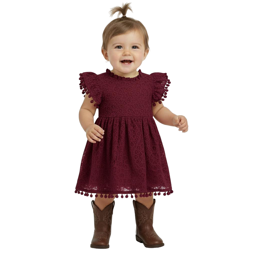 2Bunnies Lace Pom Pom Trim Baby Girl Dress