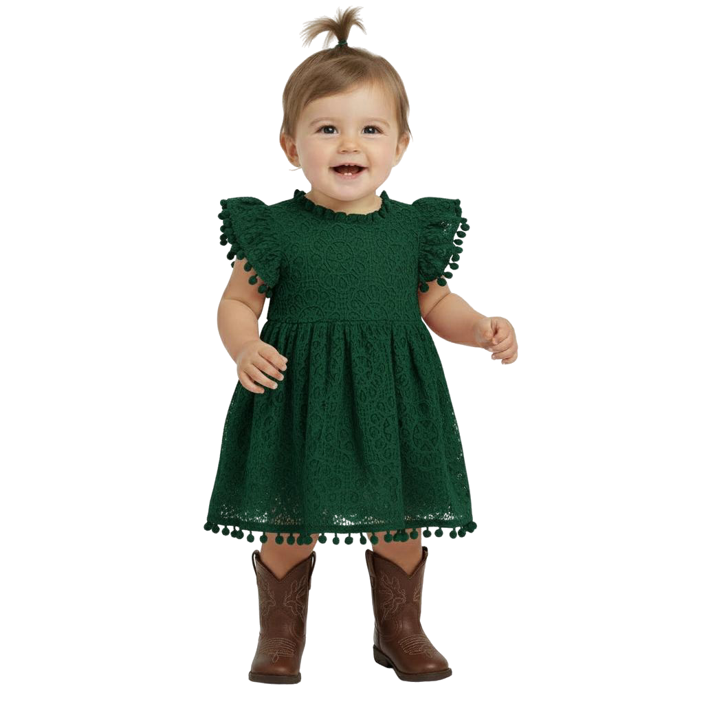 2Bunnies Lace Pom Pom Trim Baby Girl Dress