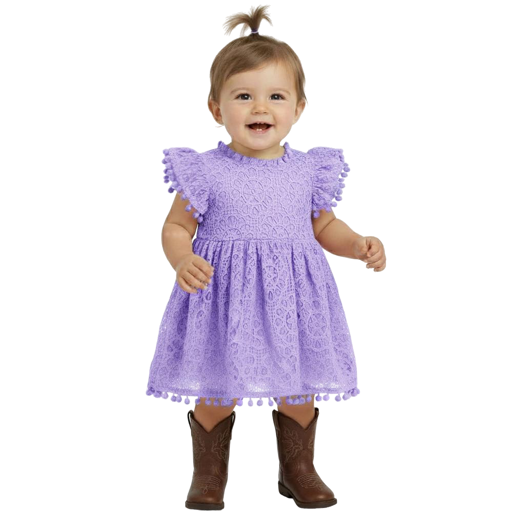 2Bunnies Lace Pom Pom Trim Baby Girl Dress
