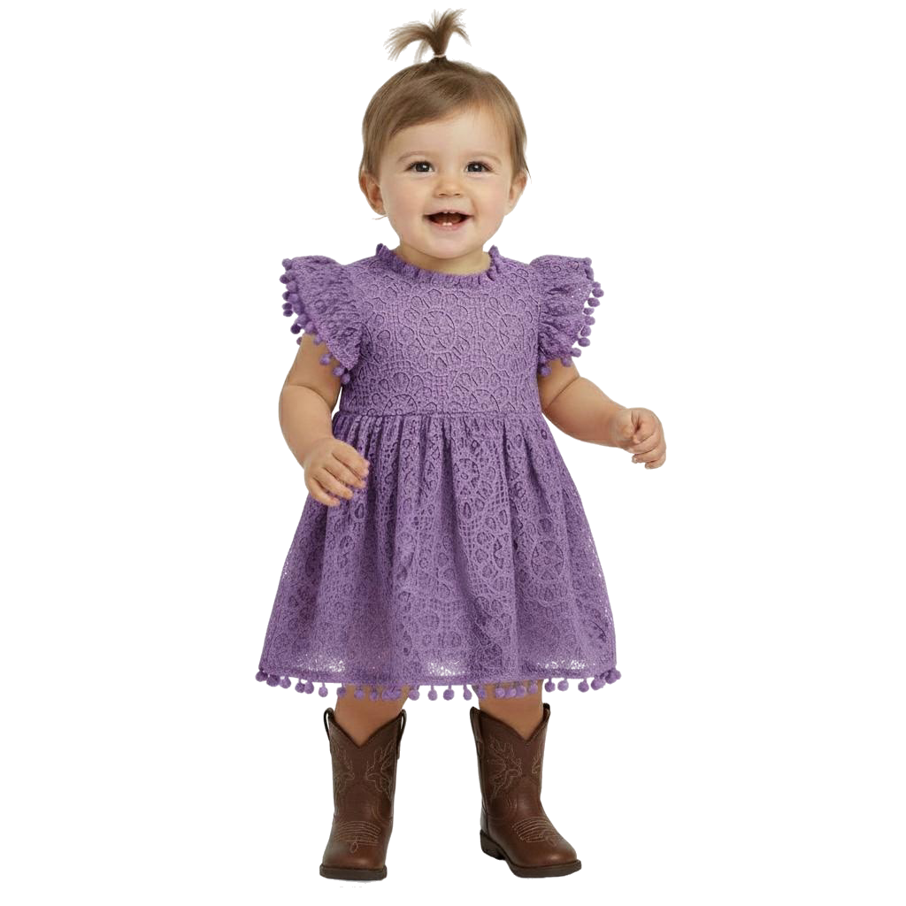 2Bunnies Lace Pom Pom Trim Baby Girl Dress