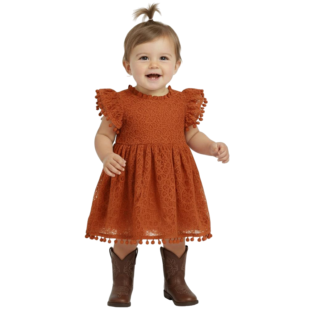 2Bunnies Lace Pom Pom Trim Baby Girl Dress