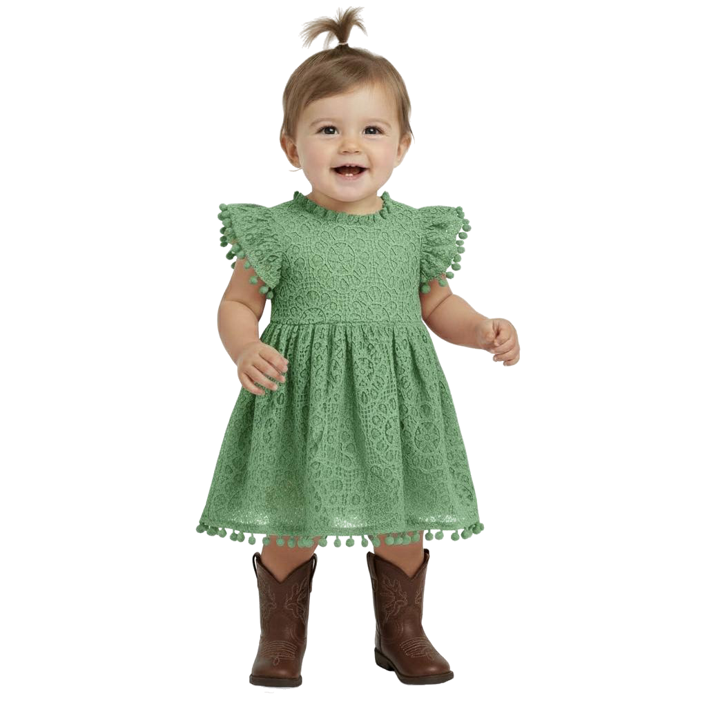 2Bunnies Lace Pom Pom Trim Baby Girl Dress