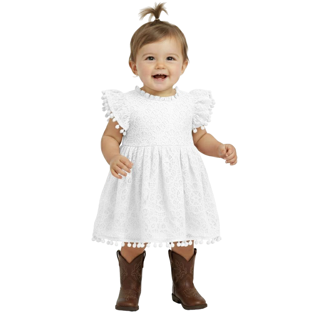 2Bunnies Lace Pom Pom Trim Baby Girl Dress