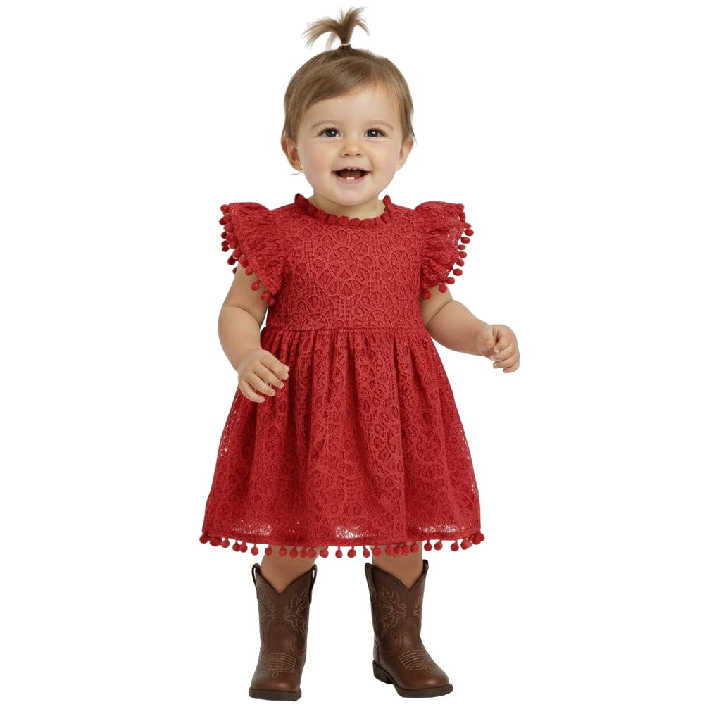 2Bunnies Lace Pom Pom Trim Baby Girl Dress