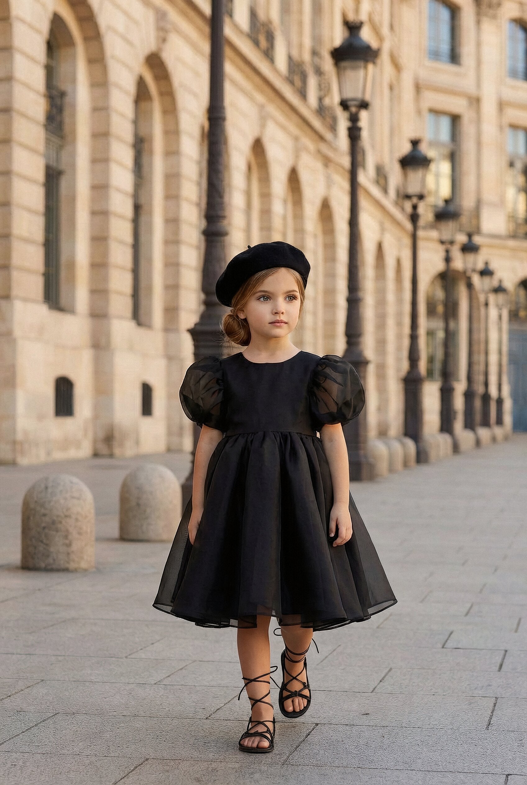 2Bunnies Organza Tulle Babydoll Puff Sleeve Flower Girl Dress in Black 9-10 years / Black