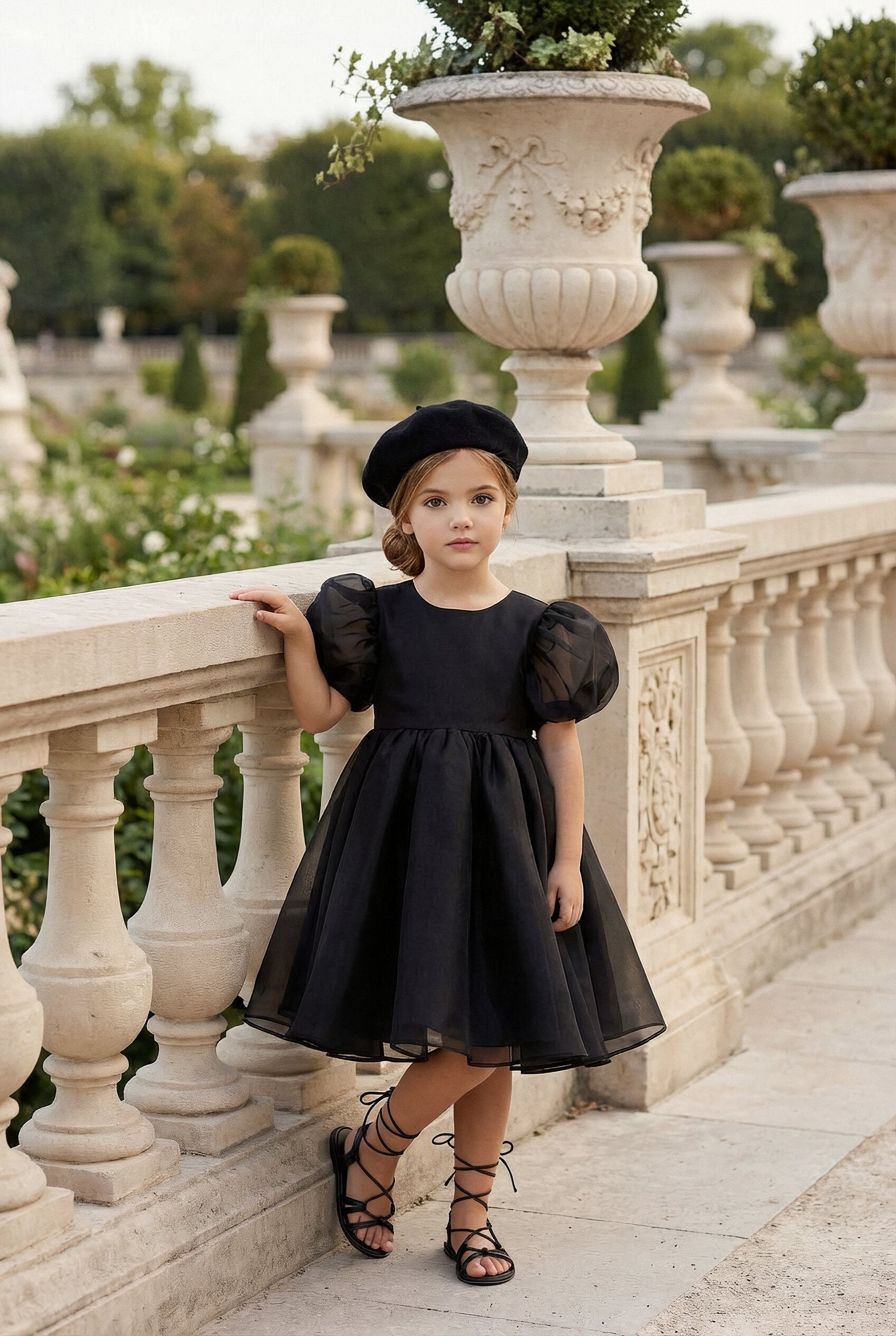 2Bunnies Organza Tulle Babydoll Puff Sleeve Flower Girl Dress in Black 9-10 years / Black