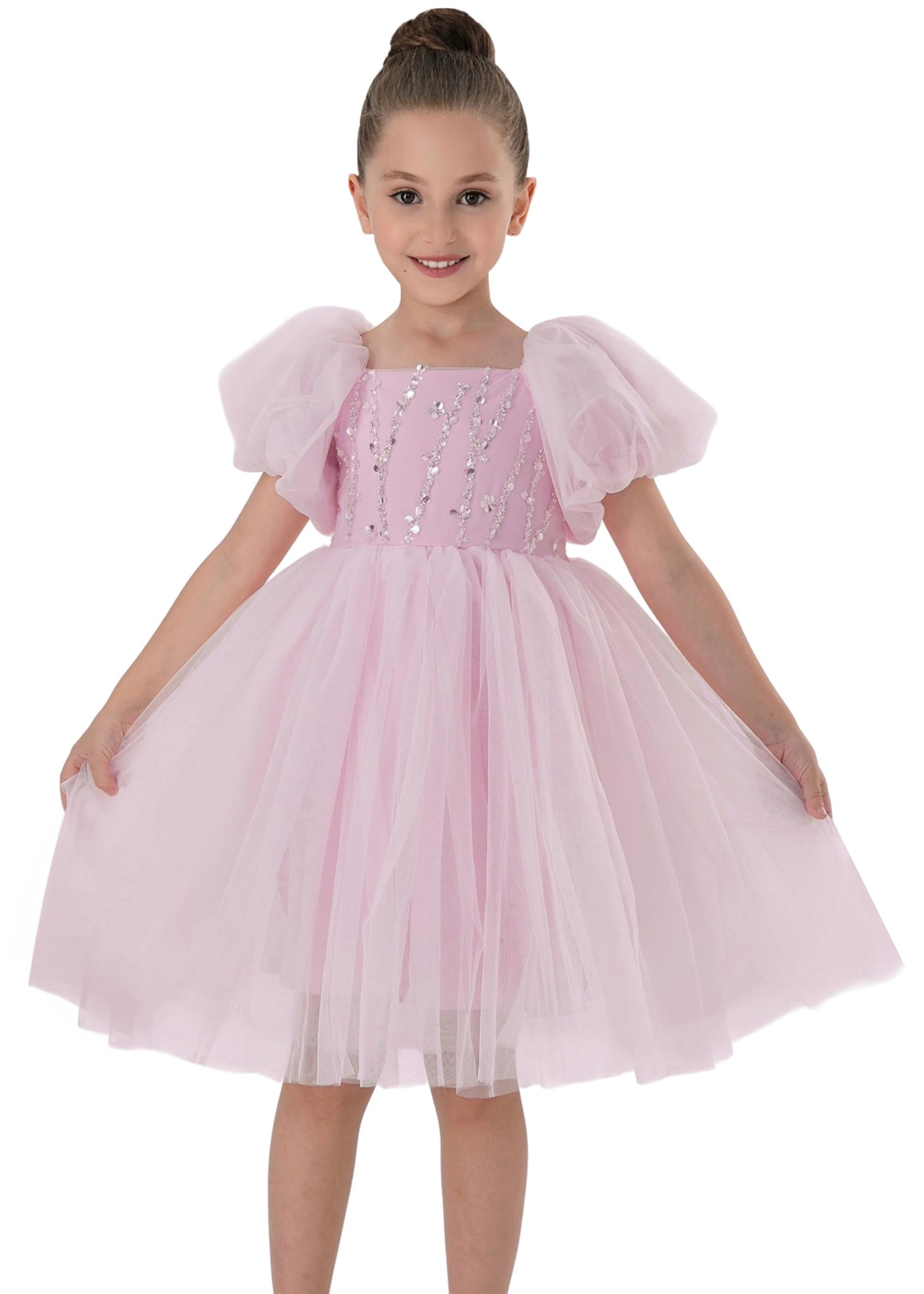 2Bunnies Girls Babydoll Sequin Bodice Tulle Bow Princess Dress