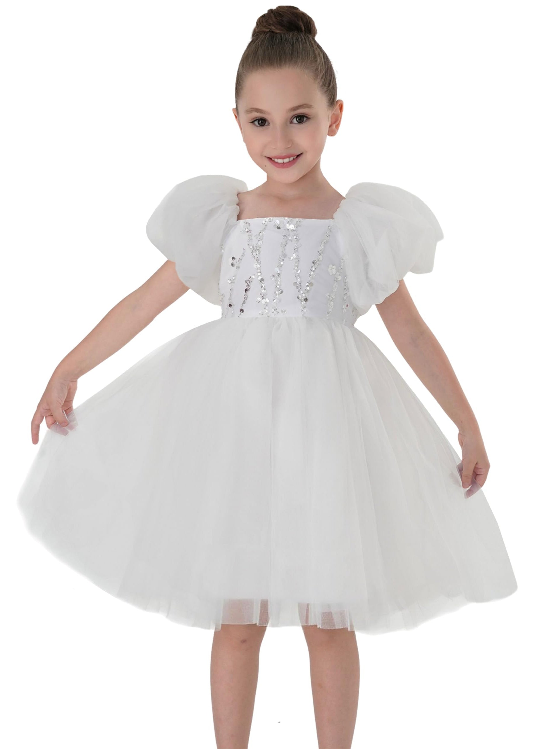 2Bunnies Girls Babydoll Sequin Bodice Tulle Bow Princess Dress