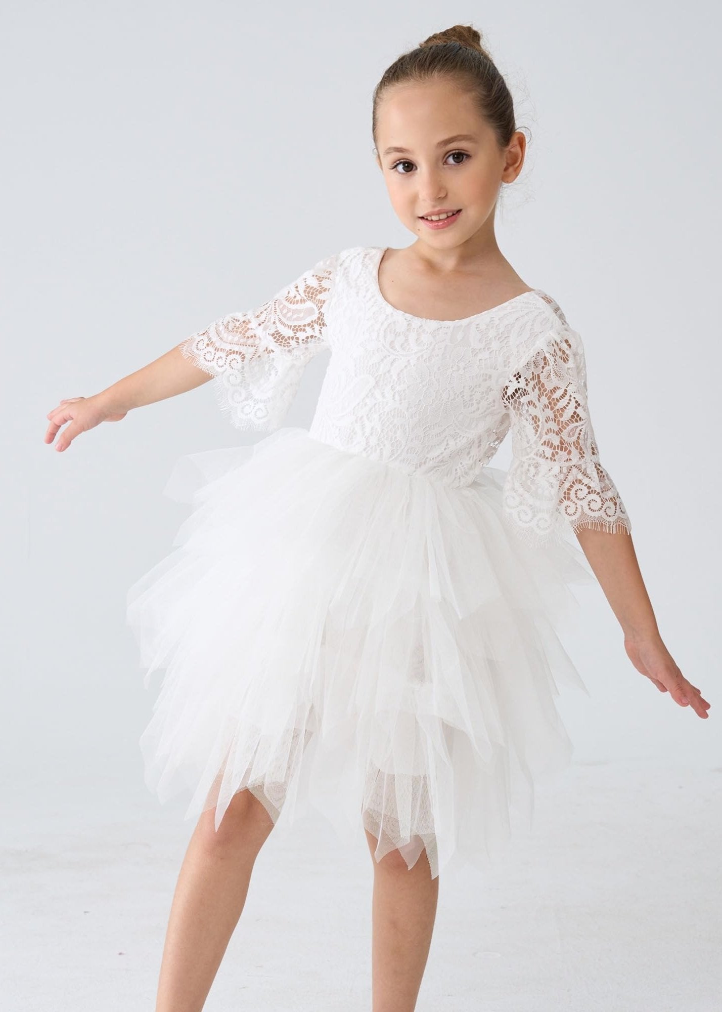 Peony Lace Flower Girl Dress in White Bell (tiered)