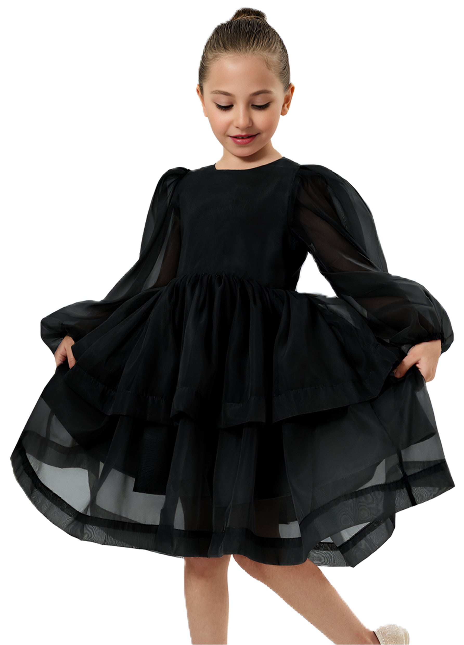 2Bunnies Girls' Organza Long Sleeve Tiered Babydoll Skater Dress