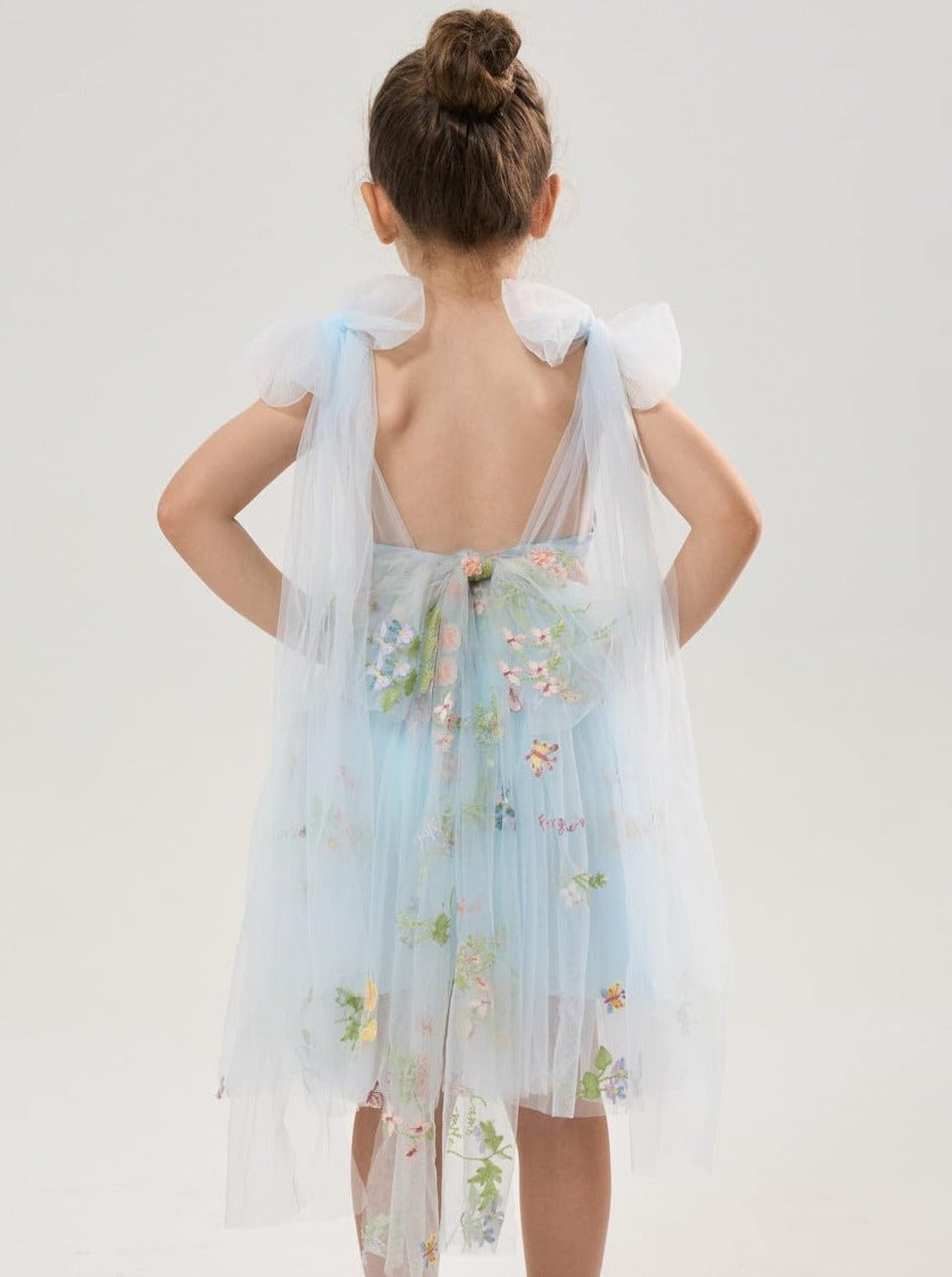 Floral Embroidered Tulle Girl Dress in Blue Knee