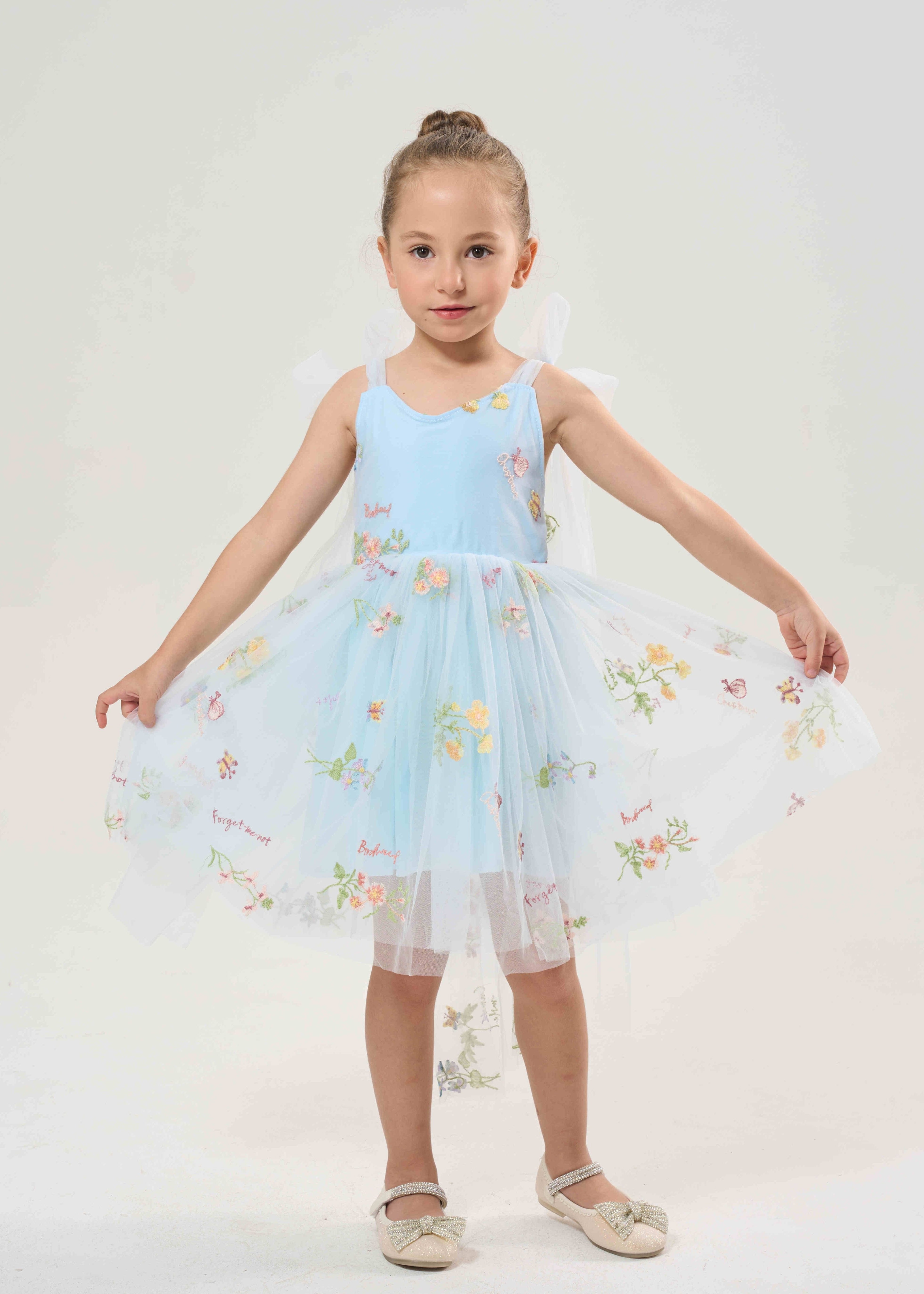 Floral Embroidered Tulle Strap Girl Dress in Blue Knee