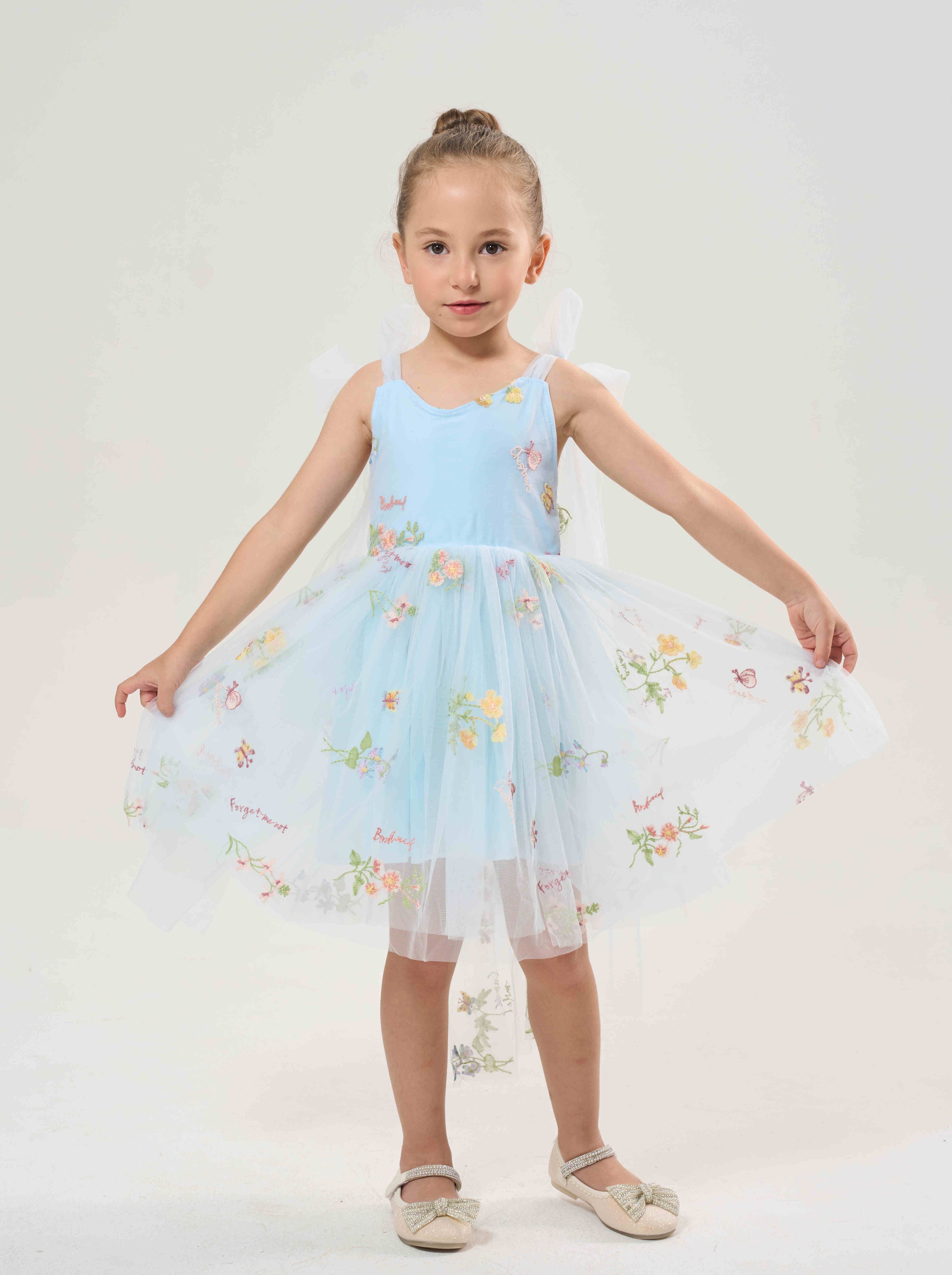2Bunnies Floral Embroidered Tulle Flower Girl Dress Blue