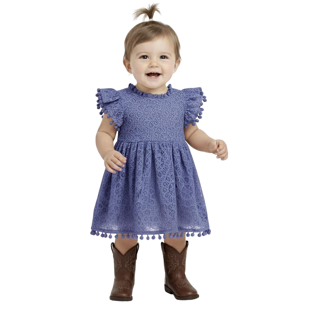2Bunnies Lace Pom Pom Trim Baby Girl Dress