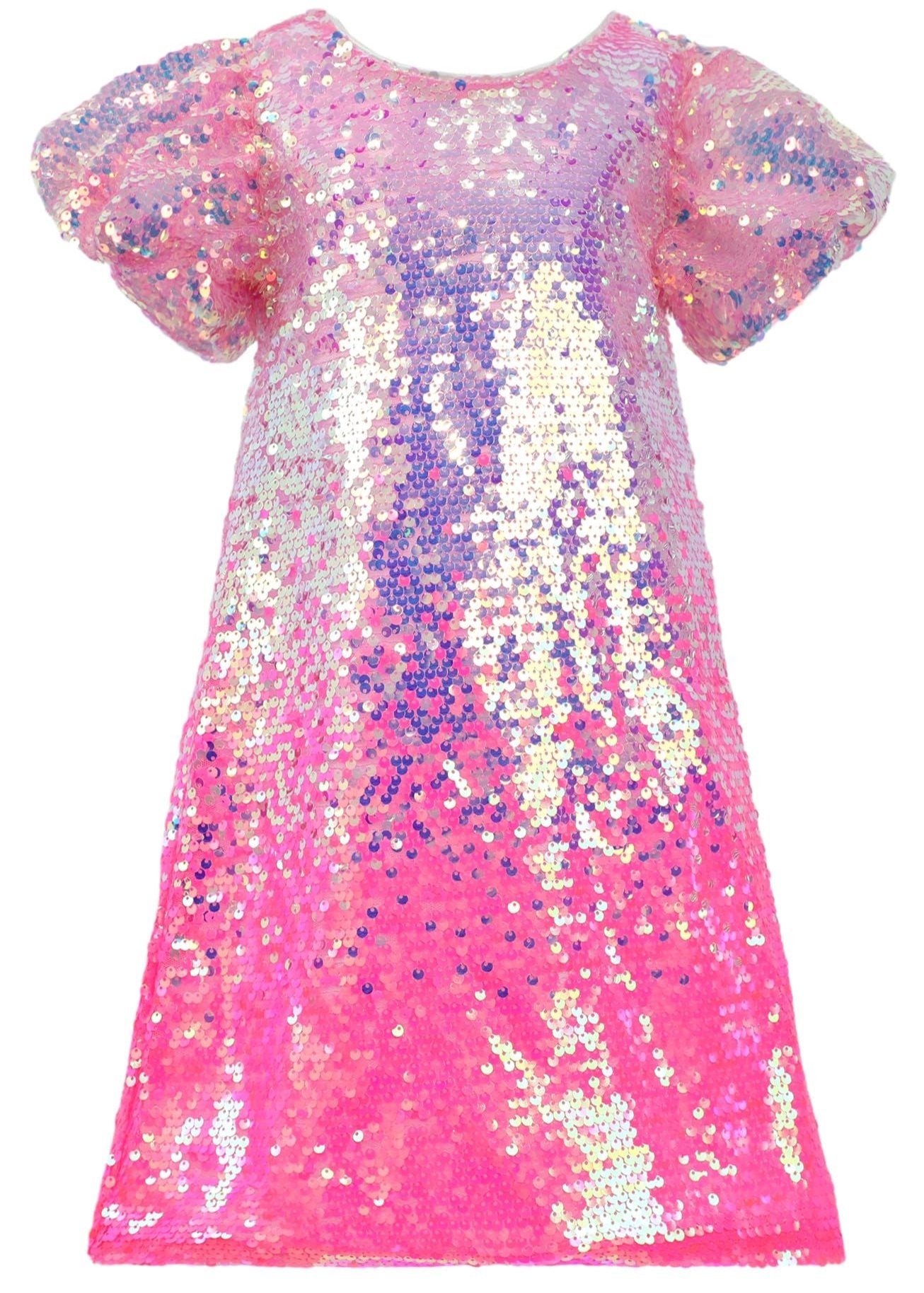 2Bunnies Girls' Bubble Gum Sequin Puff Sleeve Dress