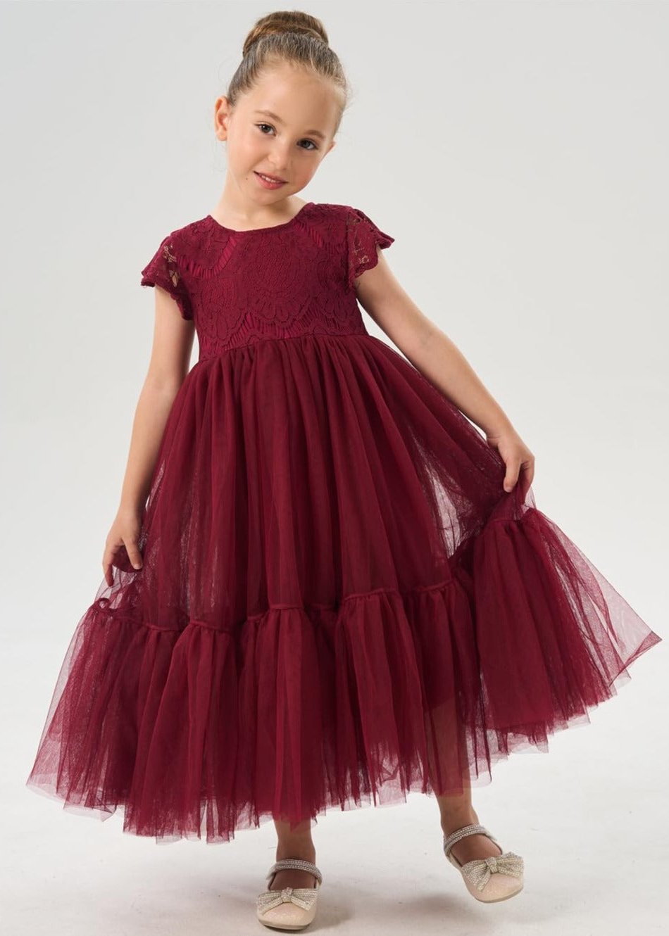 Orchid Lace Vintage Bohemian Girl Dress in Burgundy