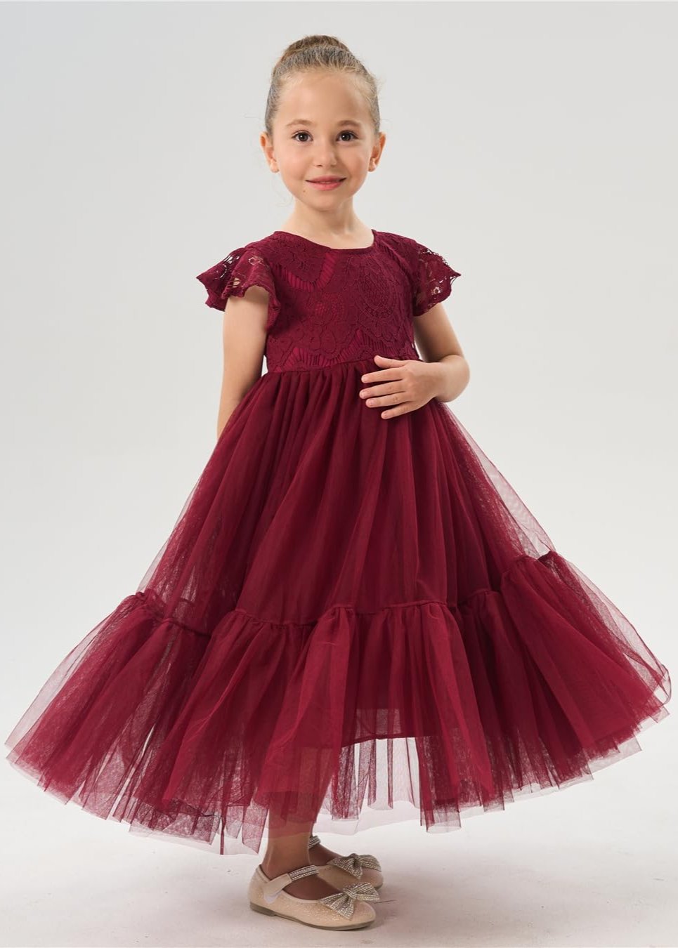 Orchid Lace Vintage Bohemian Girl Dress in Burgundy