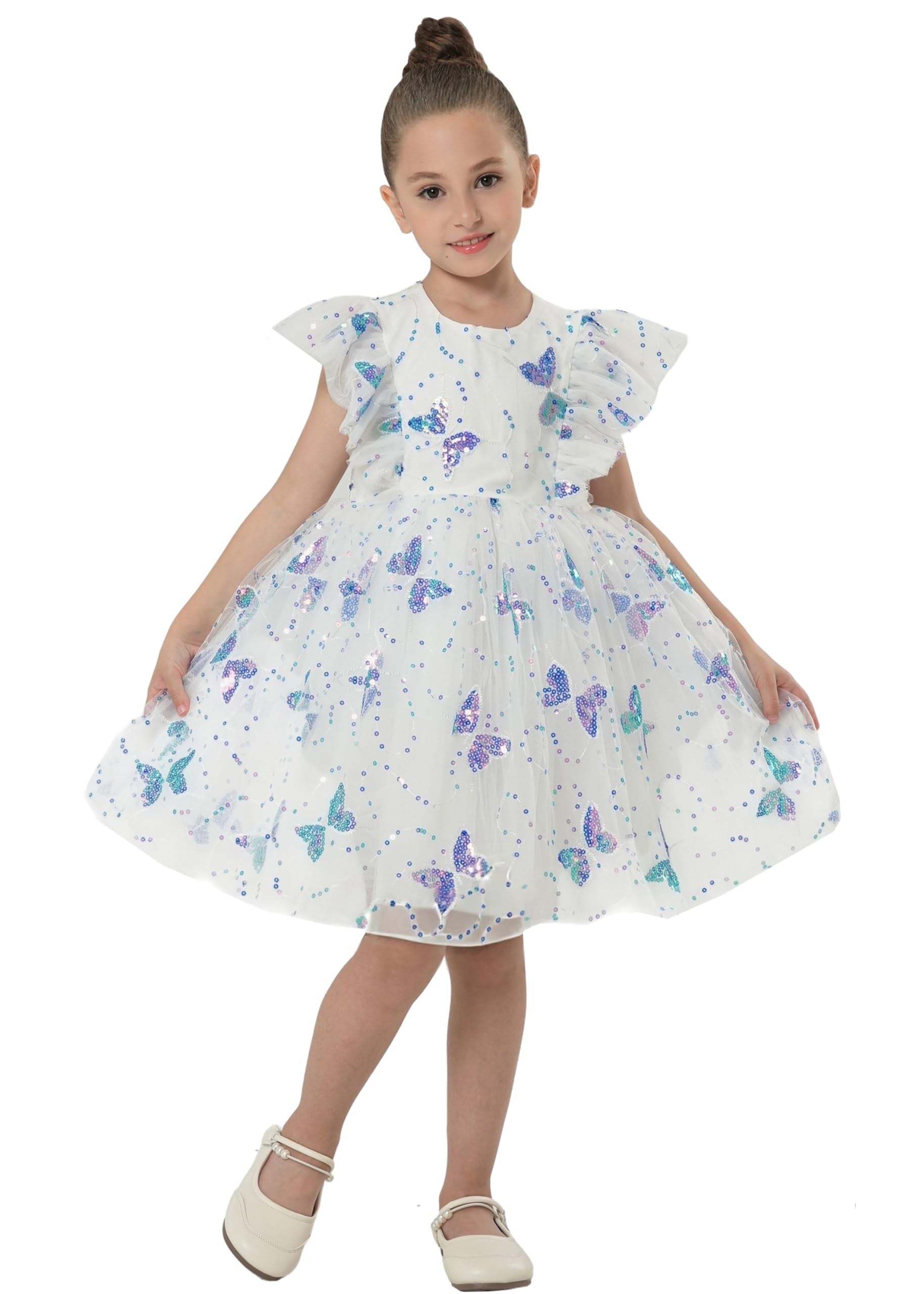 2Bunnies Girls Butterfly Embellishment Sequin Tulle Dress White
