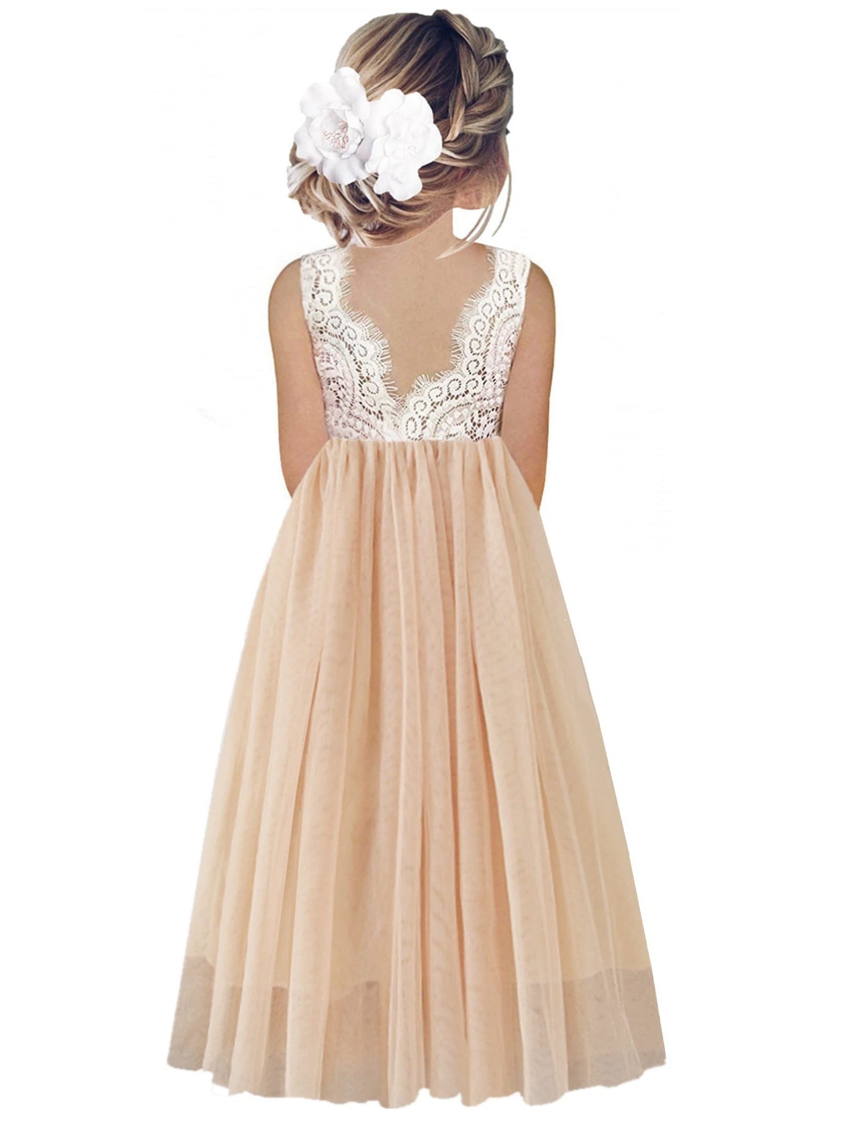 Peony Lace Flower Girl Dress in Champagne Sleeveless Floor-Length Tulle A-Line V-Back Scoop