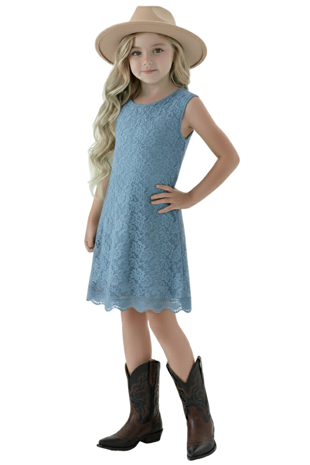 Violet Lace Boho Girl Dress in Dusty Blue