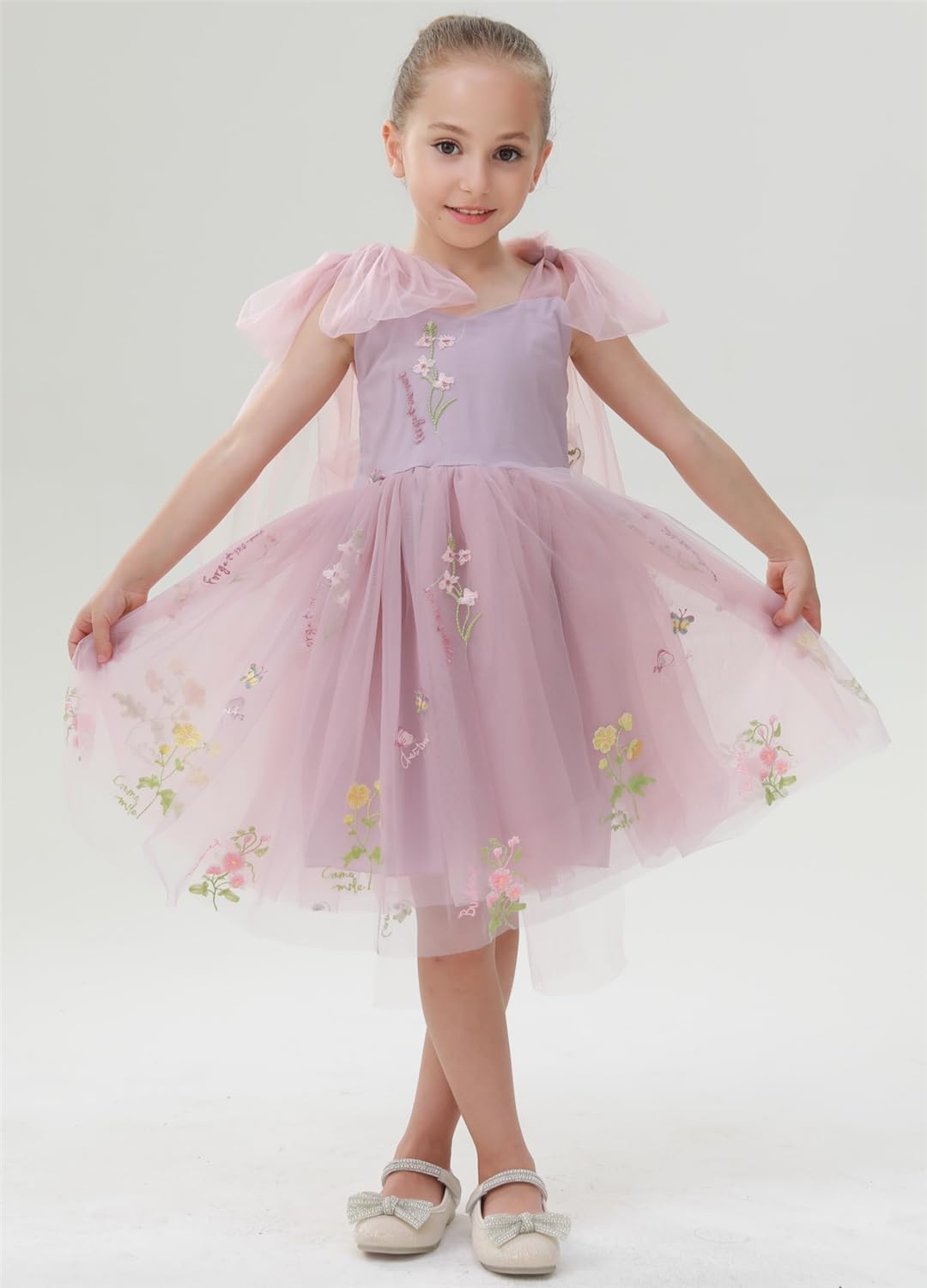 Floral Embroidered Tulle Strap Girl Dress in Dusty Pink Knee