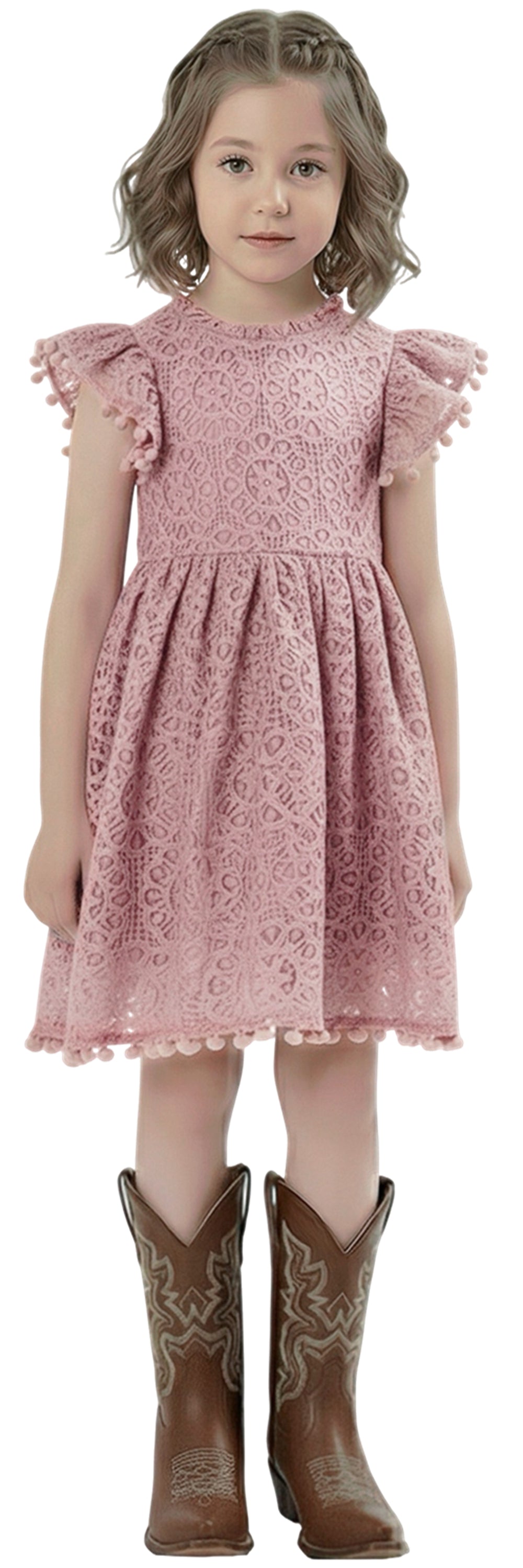 Sunflower Lace Pom Pom Trim Girl Dress in Dusty Pink
