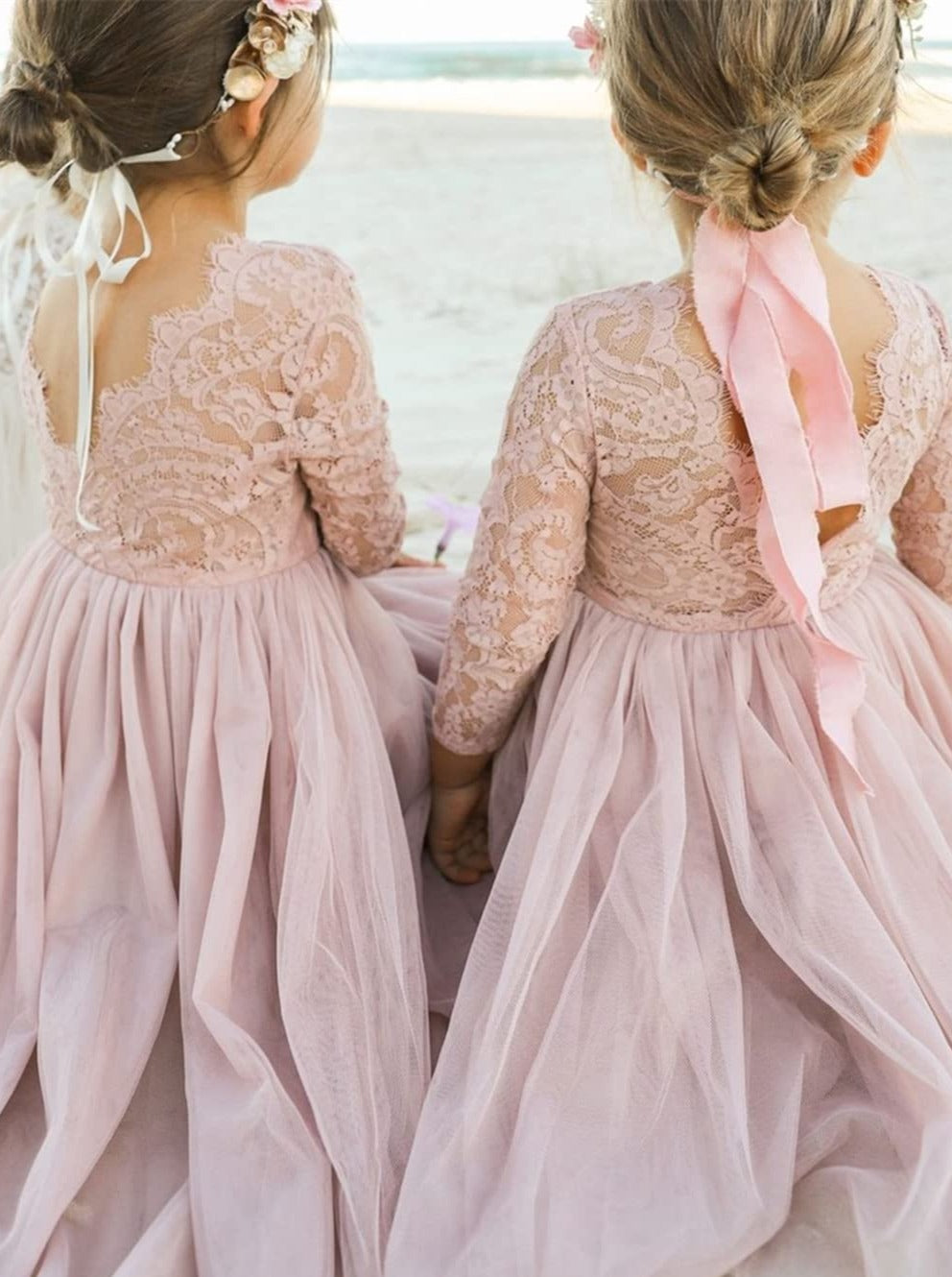 Paisley Lace Flower Girl Dress in Dusty Pink Long-Sleeve Floor-Length Tulle A-Line V-Back Scoop