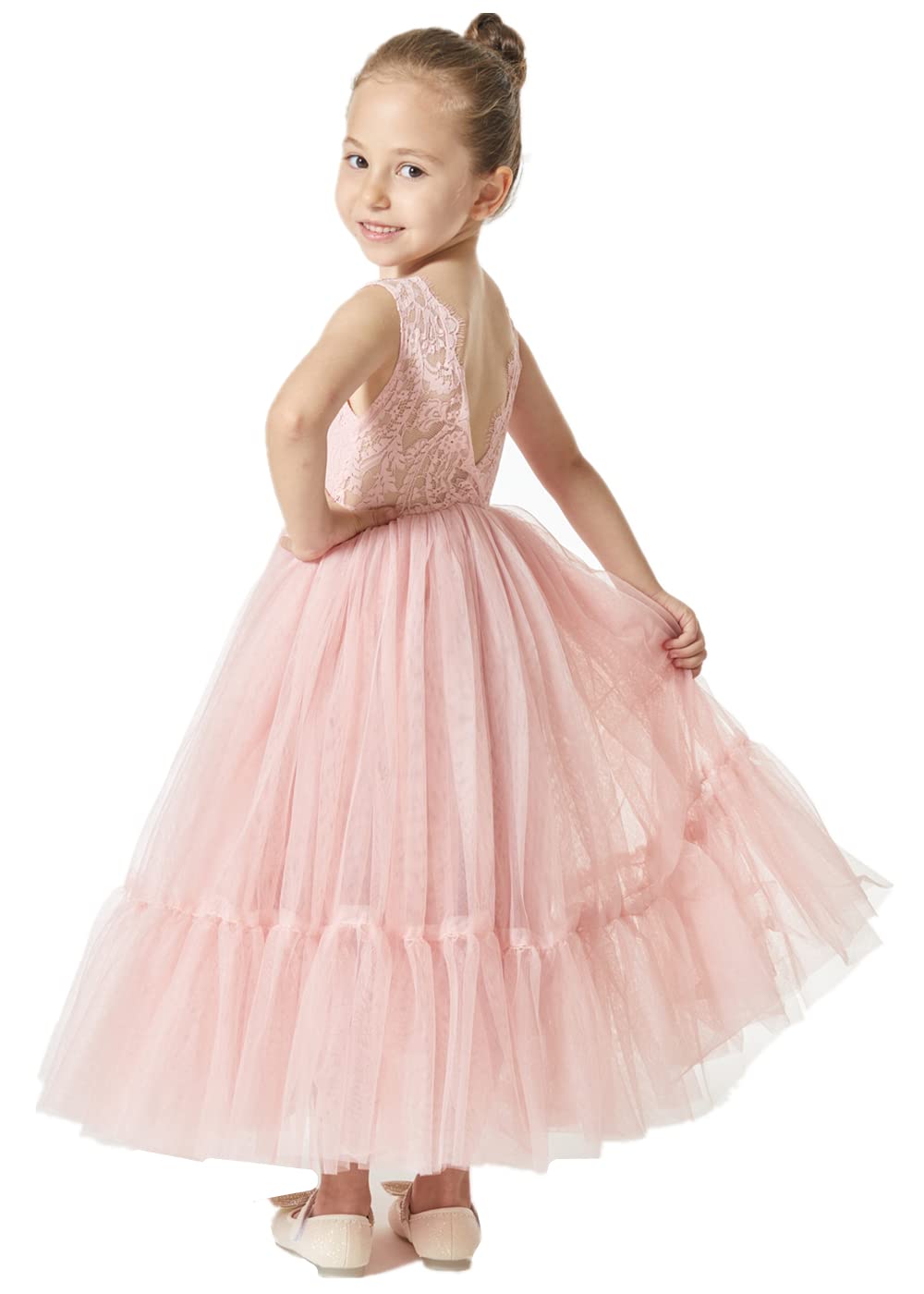 Girls' Paisley Lace Tulle Sleeveless Ruffled Maxi Dress in Dusty Pink 2BUNNIES Girls' Paisley Lace Tulle Sleeveless Ruffled Maxi Dress in Dusty Pink 2BUNNIES