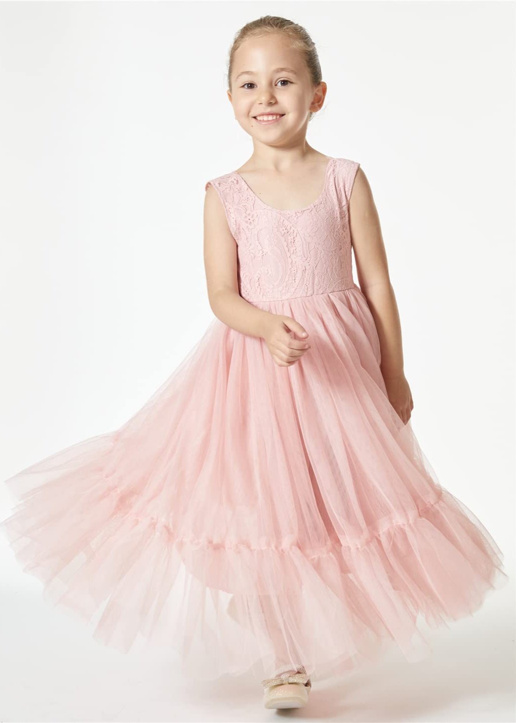 Girls' Paisley Lace Tulle Sleeveless Ruffled Maxi Dress in Dusty Pink 2BUNNIES Girls' Paisley Lace Tulle Sleeveless Ruffled Maxi Dress in Dusty Pink 2BUNNIES
