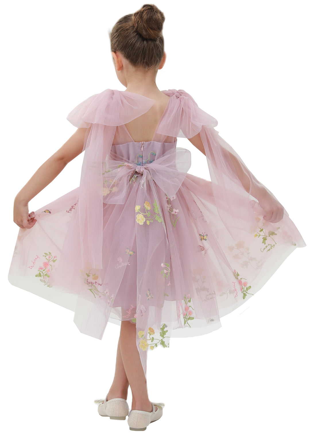 Girls' Floral Embroidered Tulle Strap Knee Dress in Dusty Pink