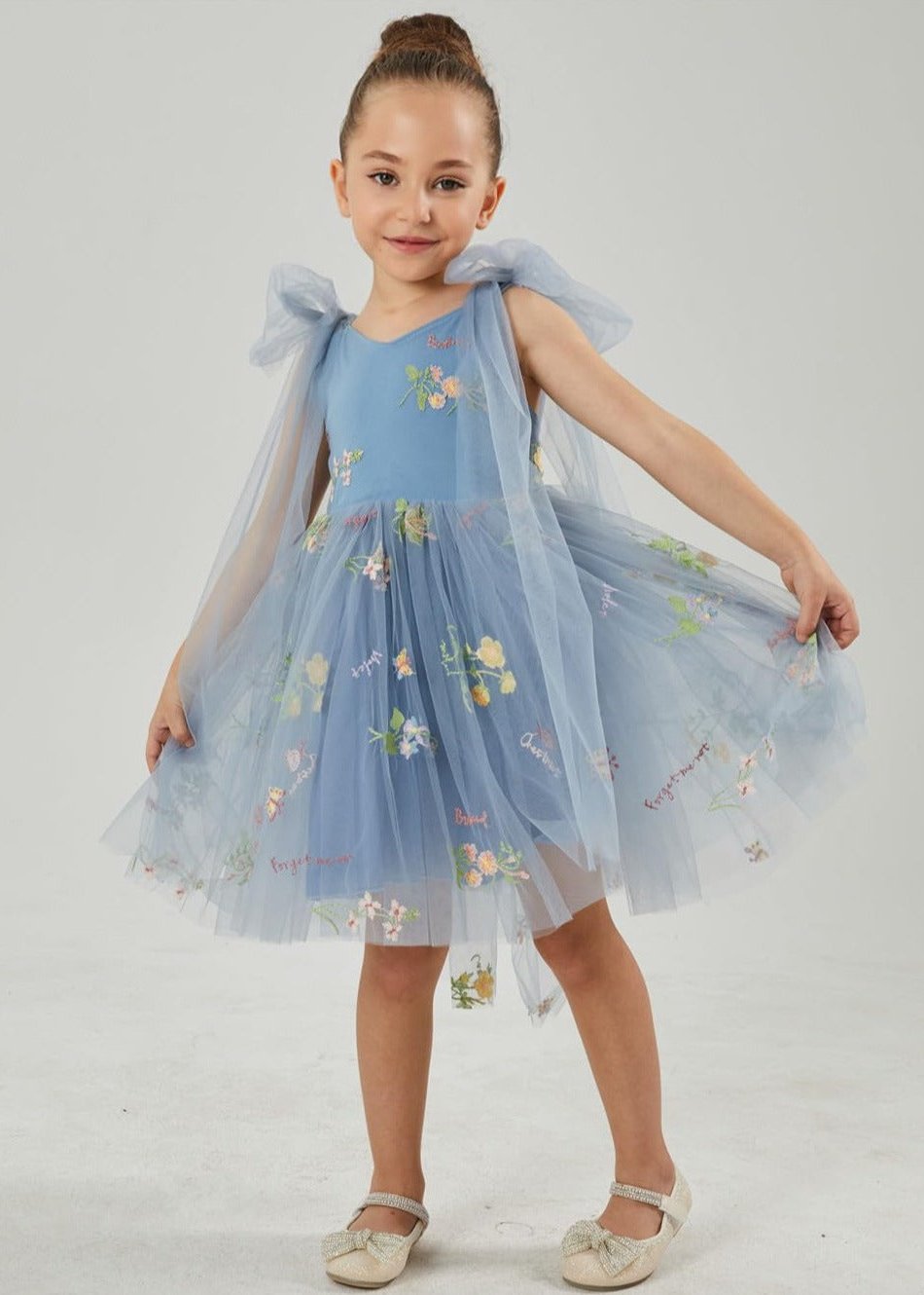 Floral Embroidered Tulle Strap Girl Dress in Dusty Blue Knee