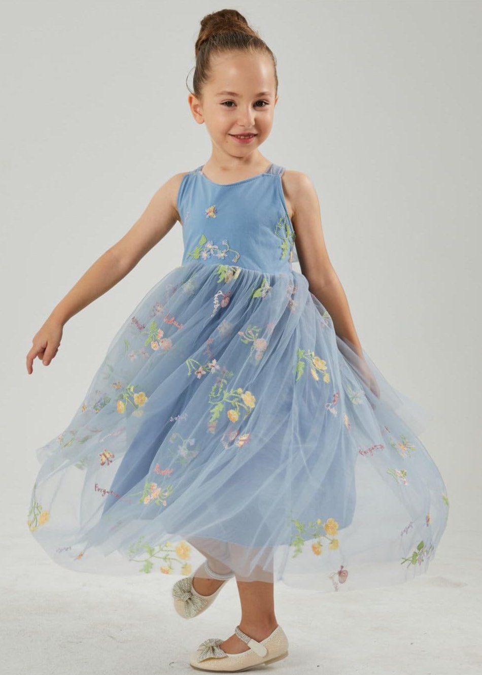 Floral Embroidered Tulle Strap Girl Dress in Dusty Blue
