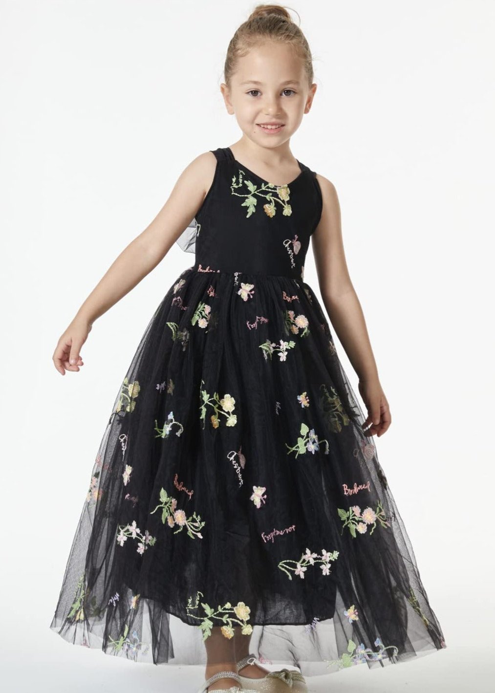 Floral Embroidered Tulle Strap Girl Dress in Black