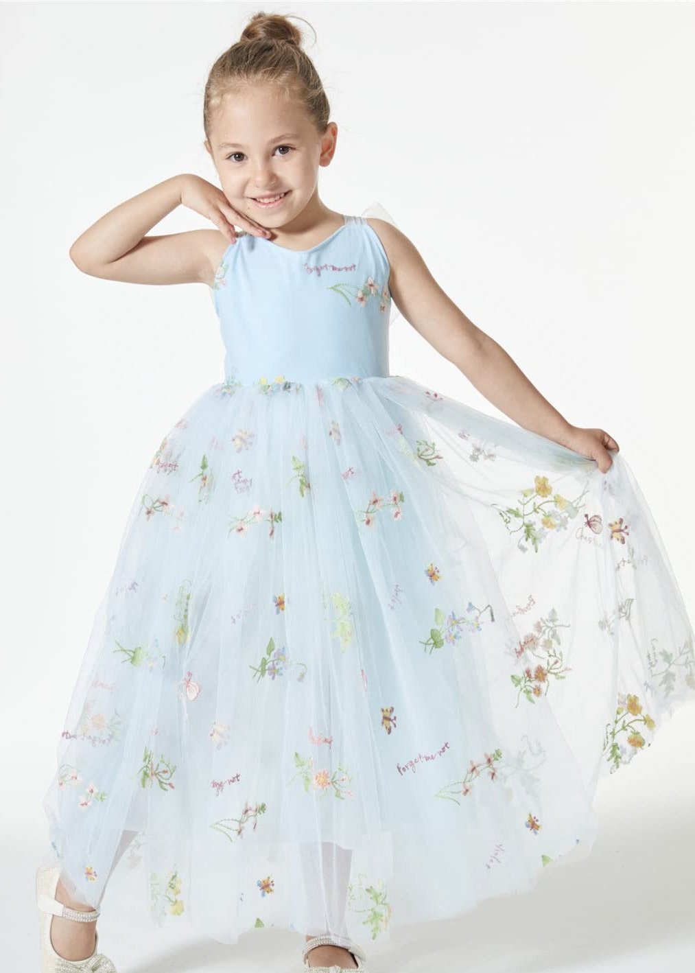 Floral Embroidered Tulle Strap Girl Dress in Blue