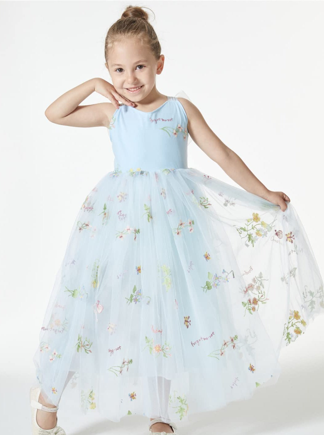 Floral Embroidered Tulle Girl Dress in Blue