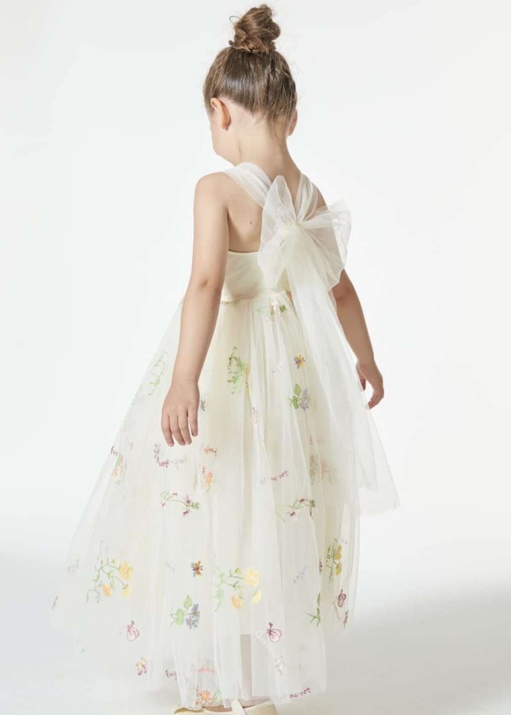 Floral Embroidered Tulle Strap Girl Dress in Ivory