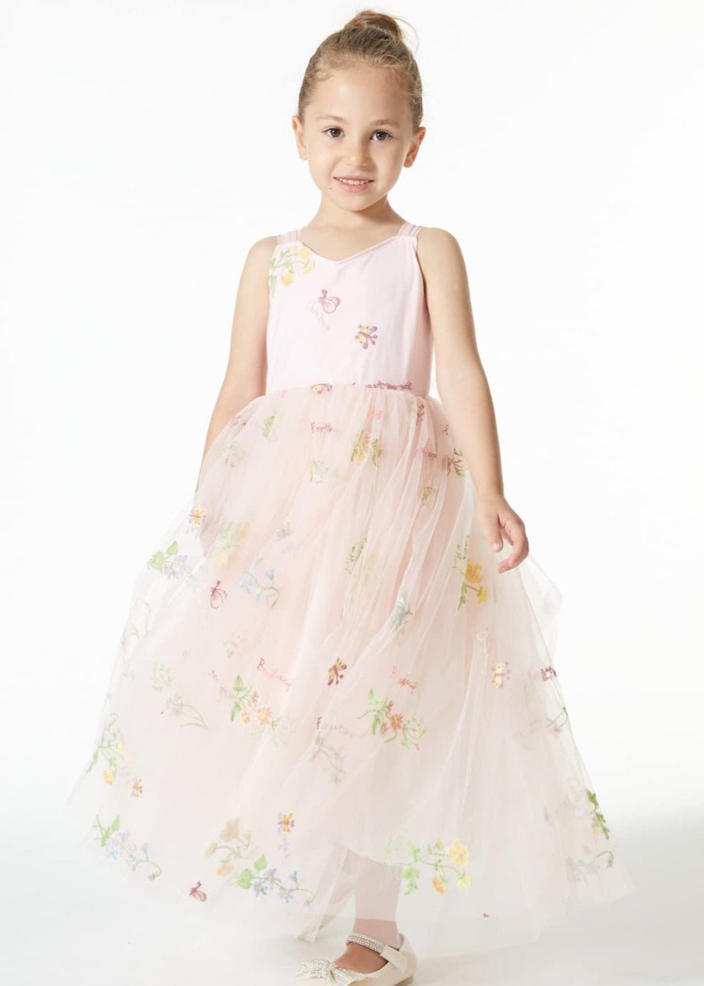 Floral Embroidered Tulle Strap Girl Dress in Pink