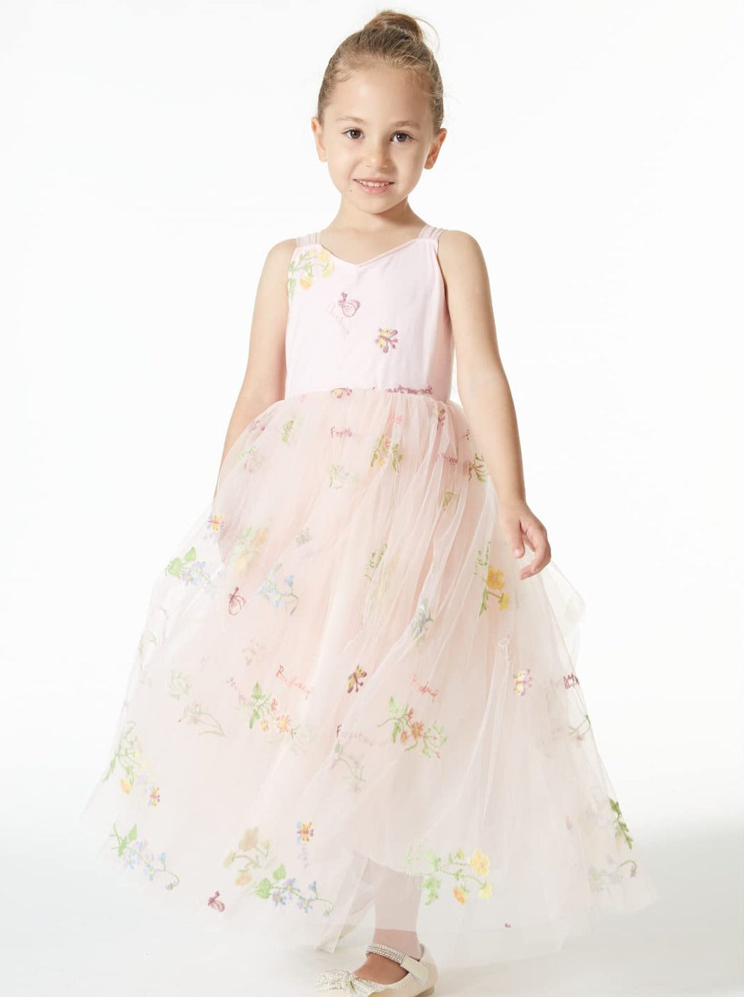 Floral Embroidered Tulle Girl Dress in Pink