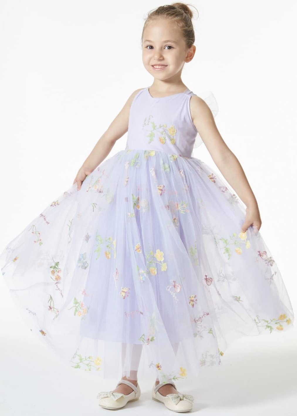 Floral Embroidered Tulle Strap Girl Dress in Purple