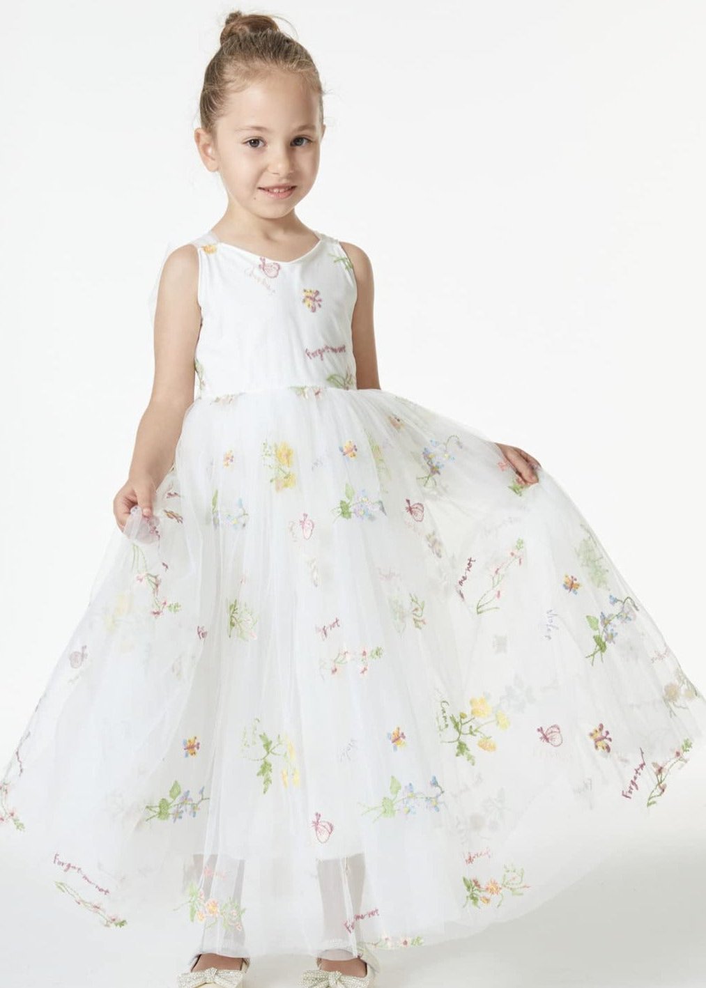Floral Embroidered Tulle Strap Girl Dress in White