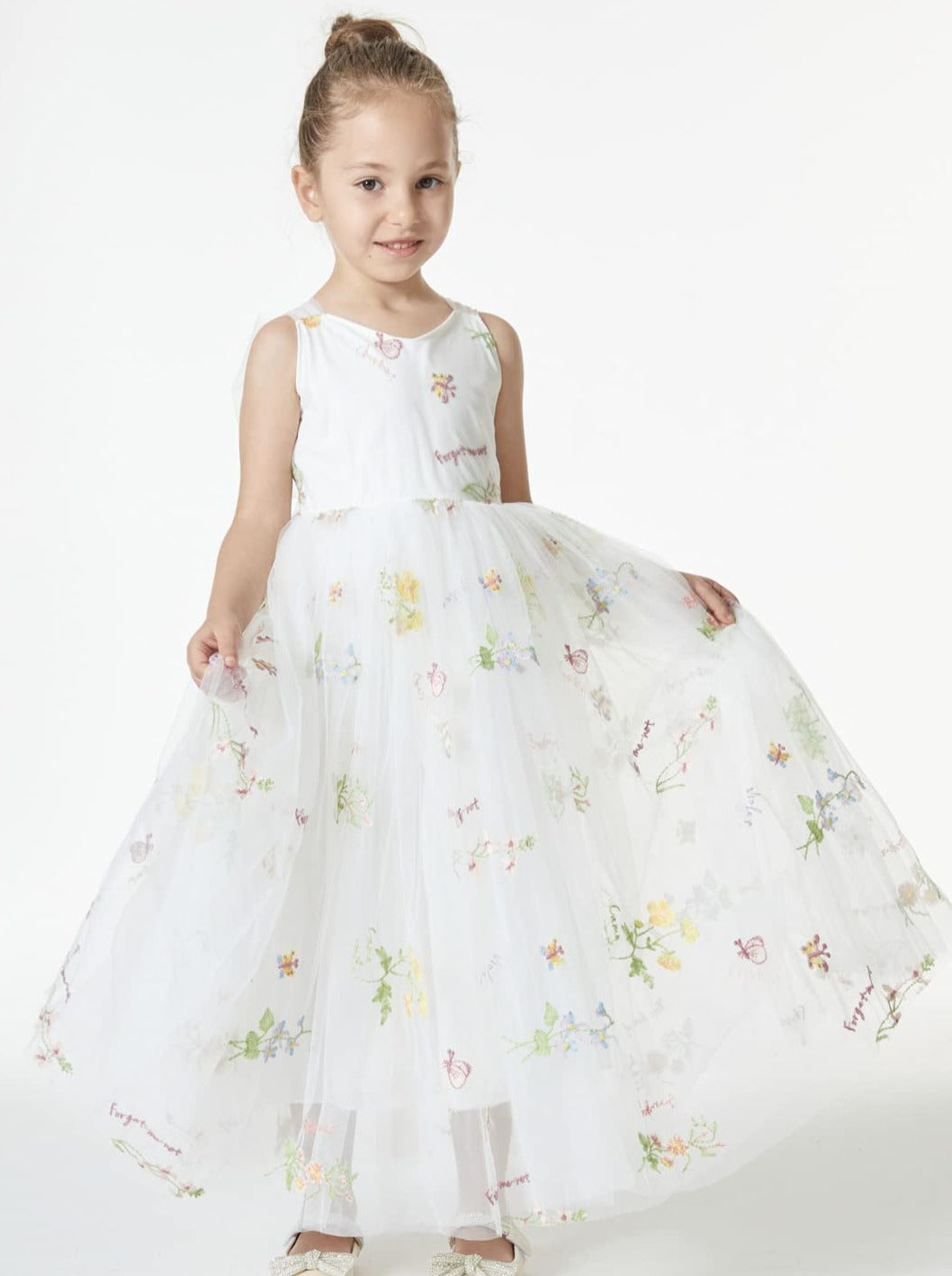 Floral Embroidered Tulle Garden Girl Dress in White