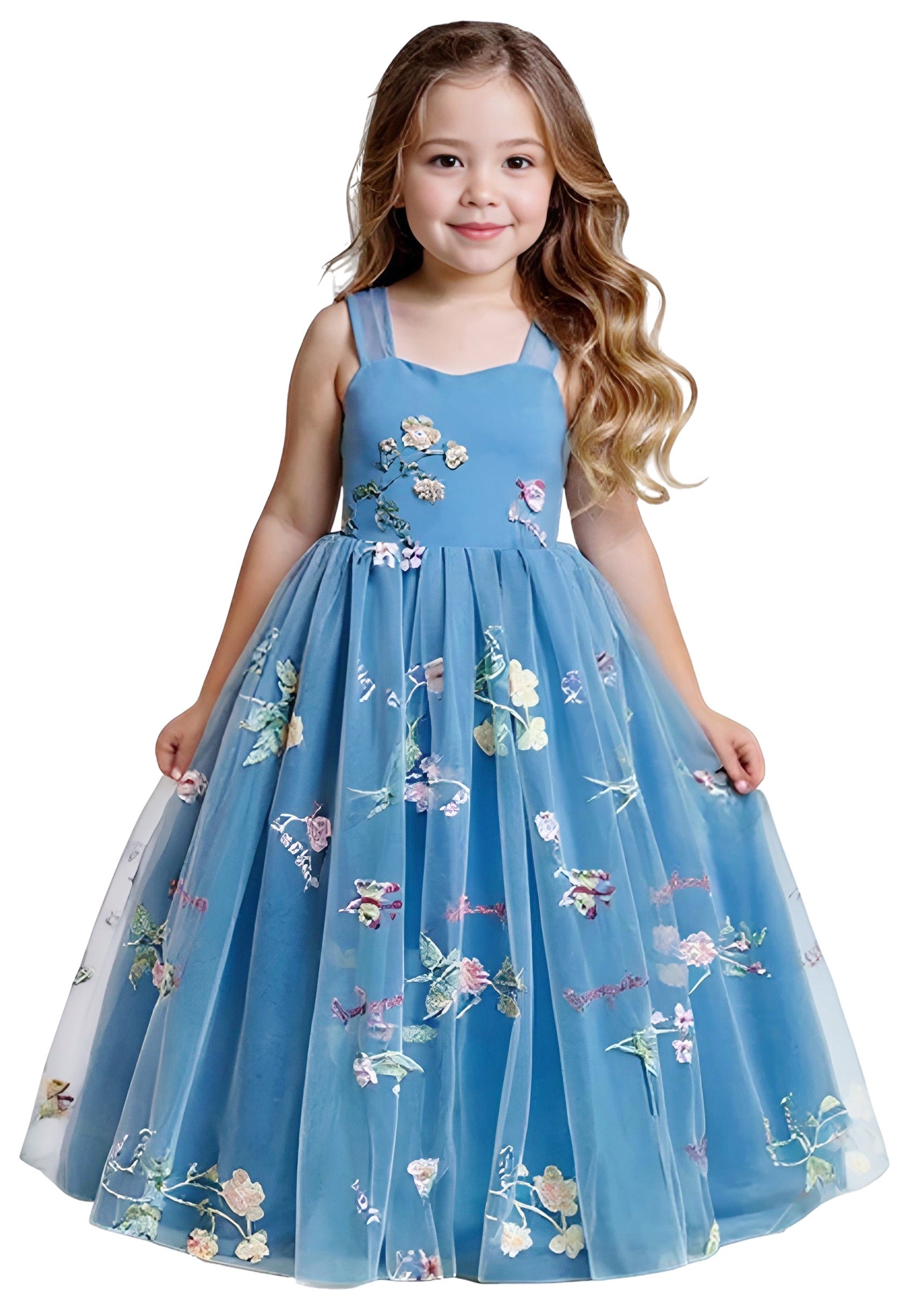 Girls' Floral Embroidered Tulle Strap Sleeveless Maxi Dress in Dusty Blue