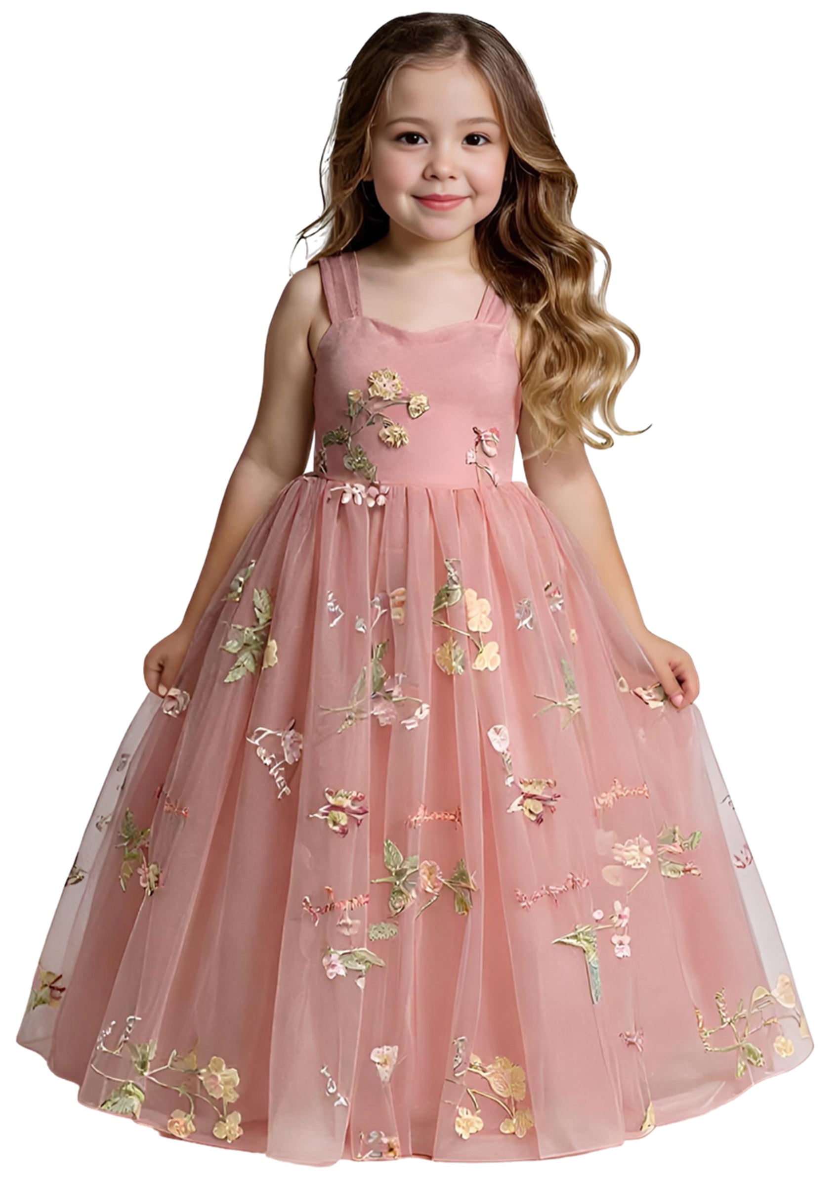 Girls' Floral Embroidered Tulle Strap Sleeveless Maxi Dress in Dusty Pink