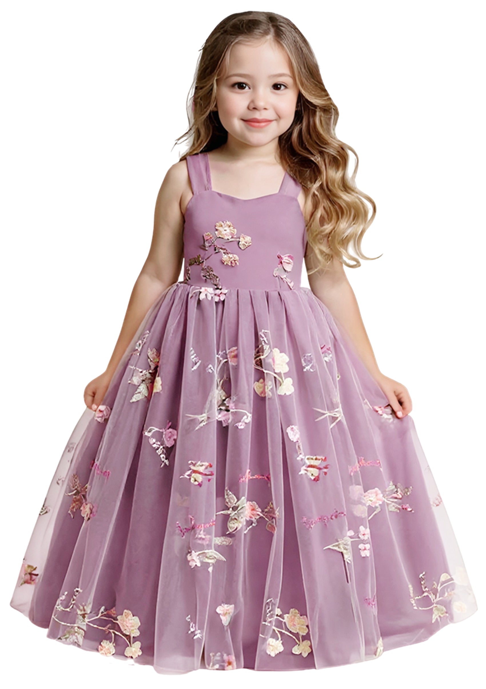 Girls' Floral Embroidered Tulle Strap Sleeveless Maxi Dress in Mauve
