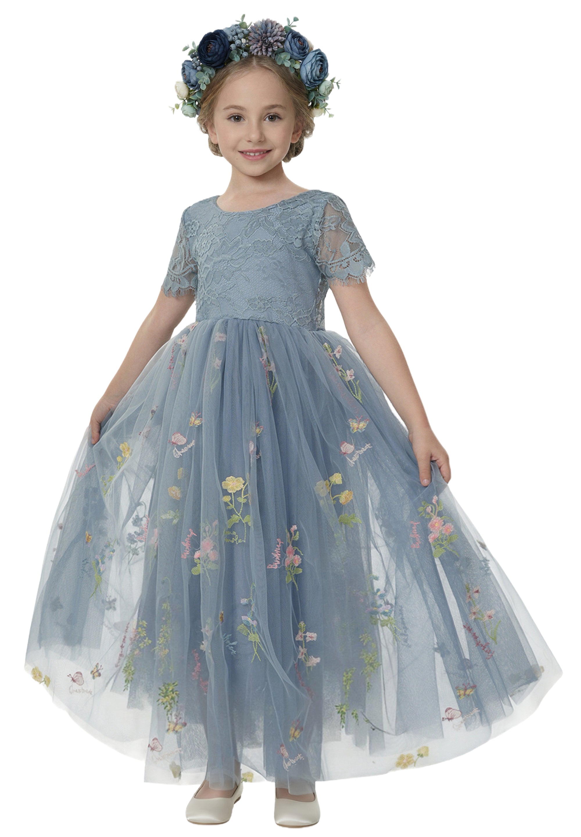 Floral Embroidered Tulle Lace Girl Dress in Dusty Blue