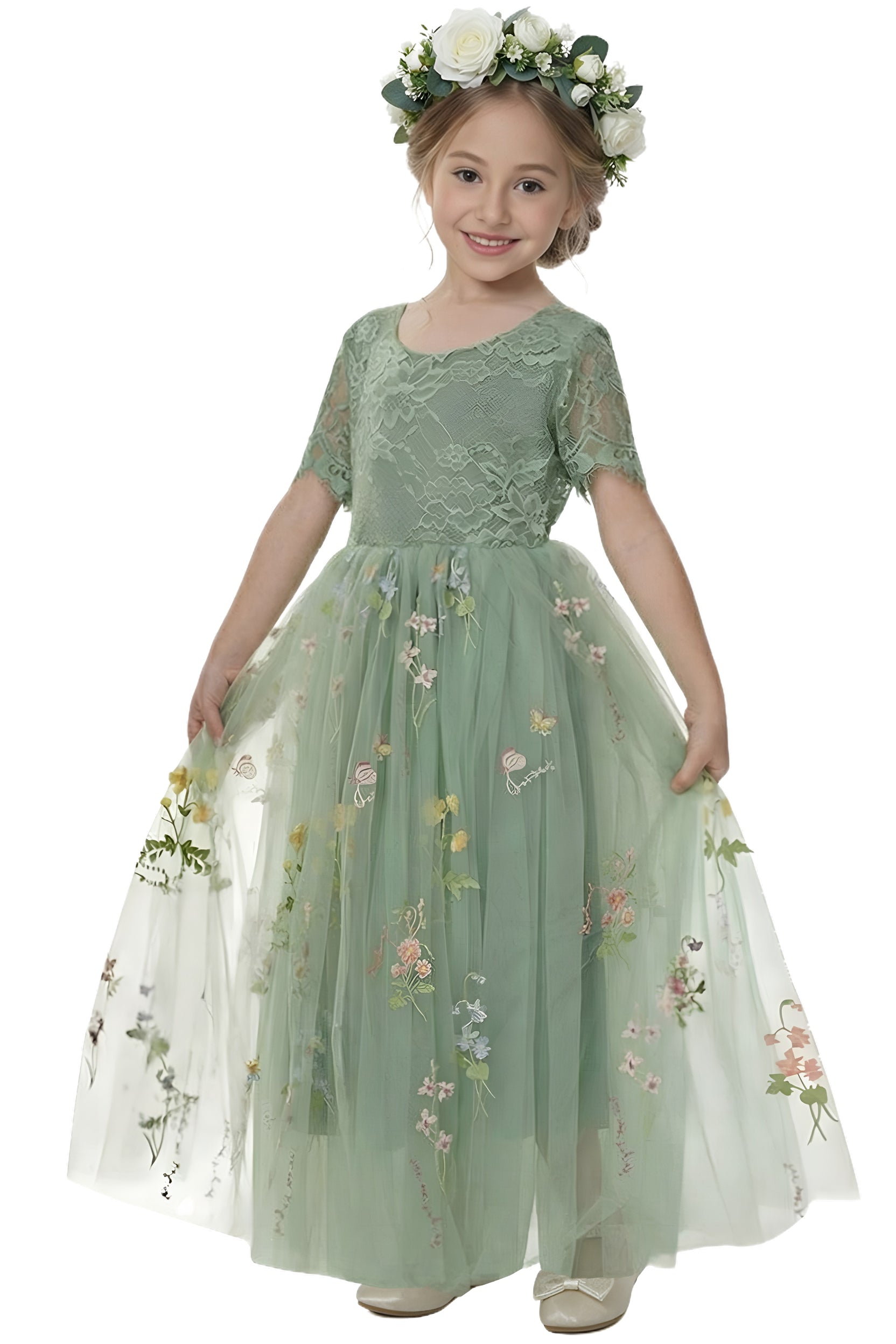 2Bunnies Floral Garden Embroidered Tulle Lace Girl Dress Short Sleeve Maxi