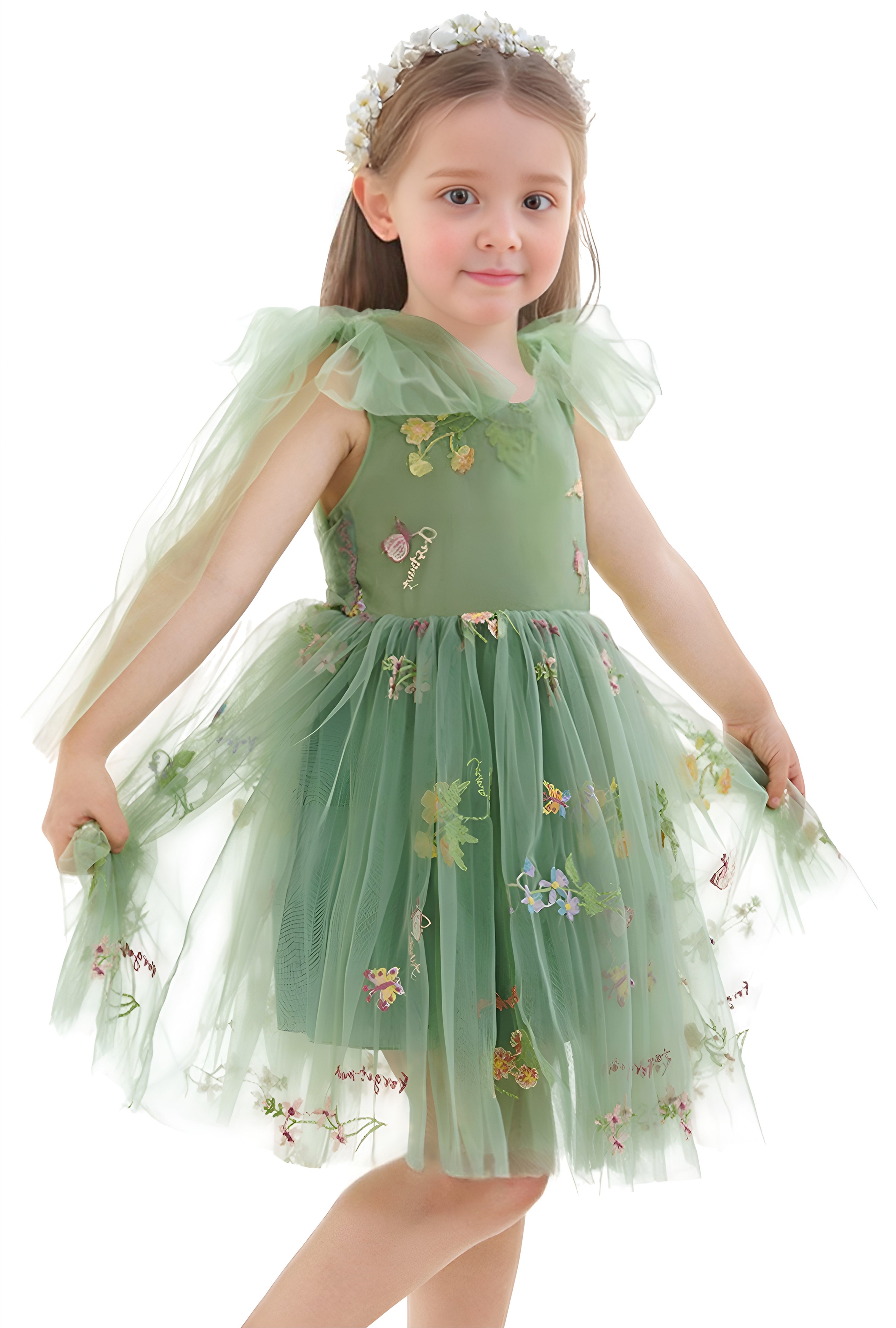 2Bunnies Floral Garden Embroidered Tulle Strap Flower Girl Dress Knee