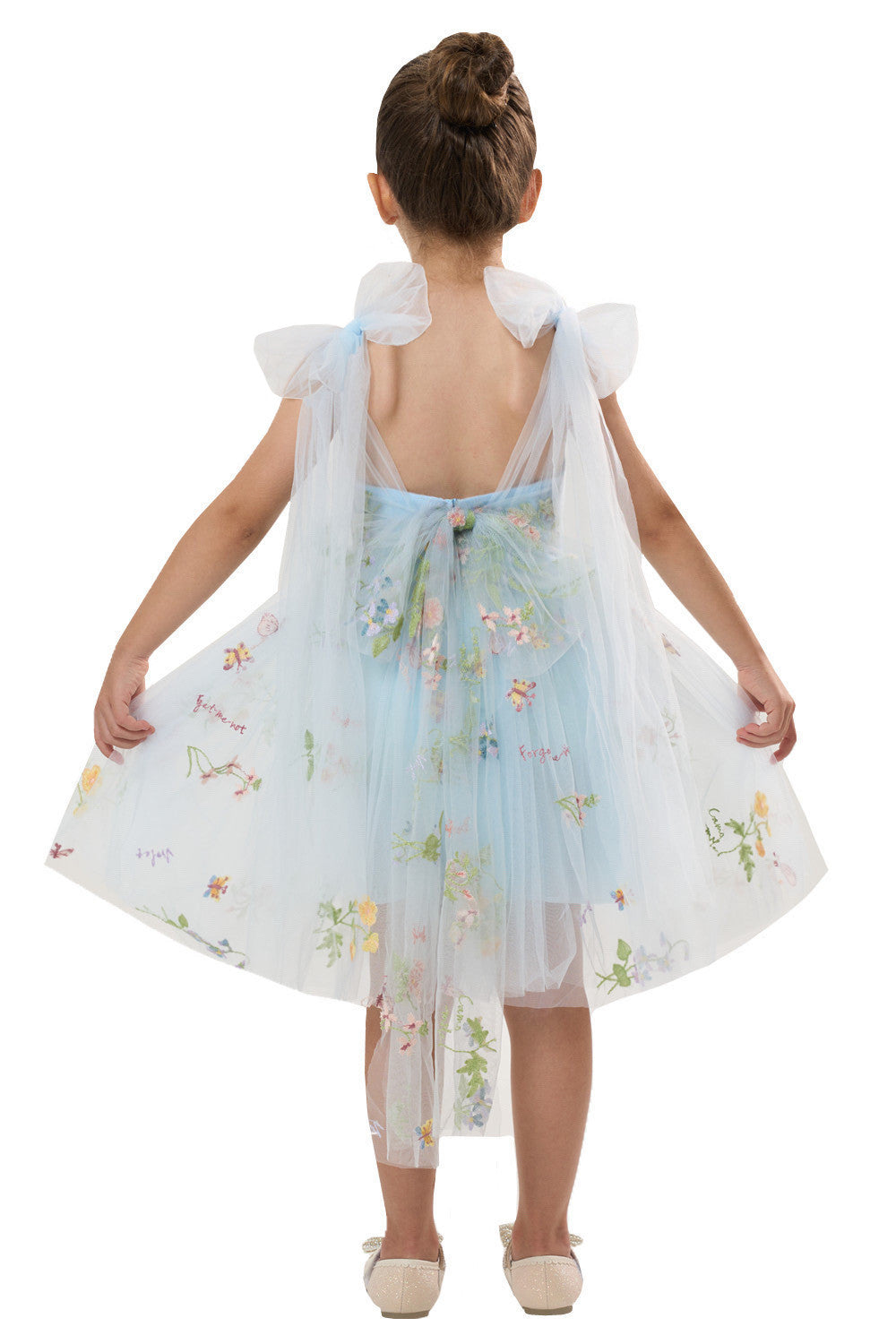Girls' Floral Embroidered Tulle Strap Knee Dress in Blue