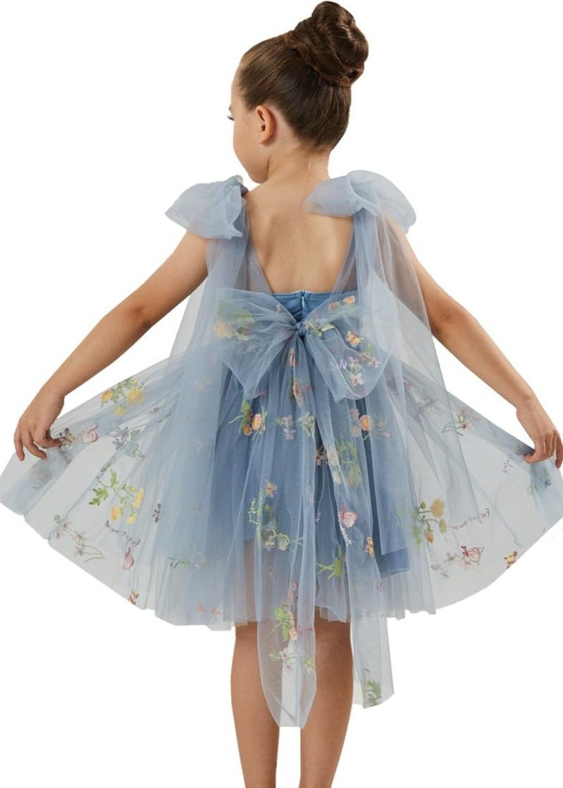 Girls' Floral Embroidered Tulle Strap Knee Dress in Dusty Blue