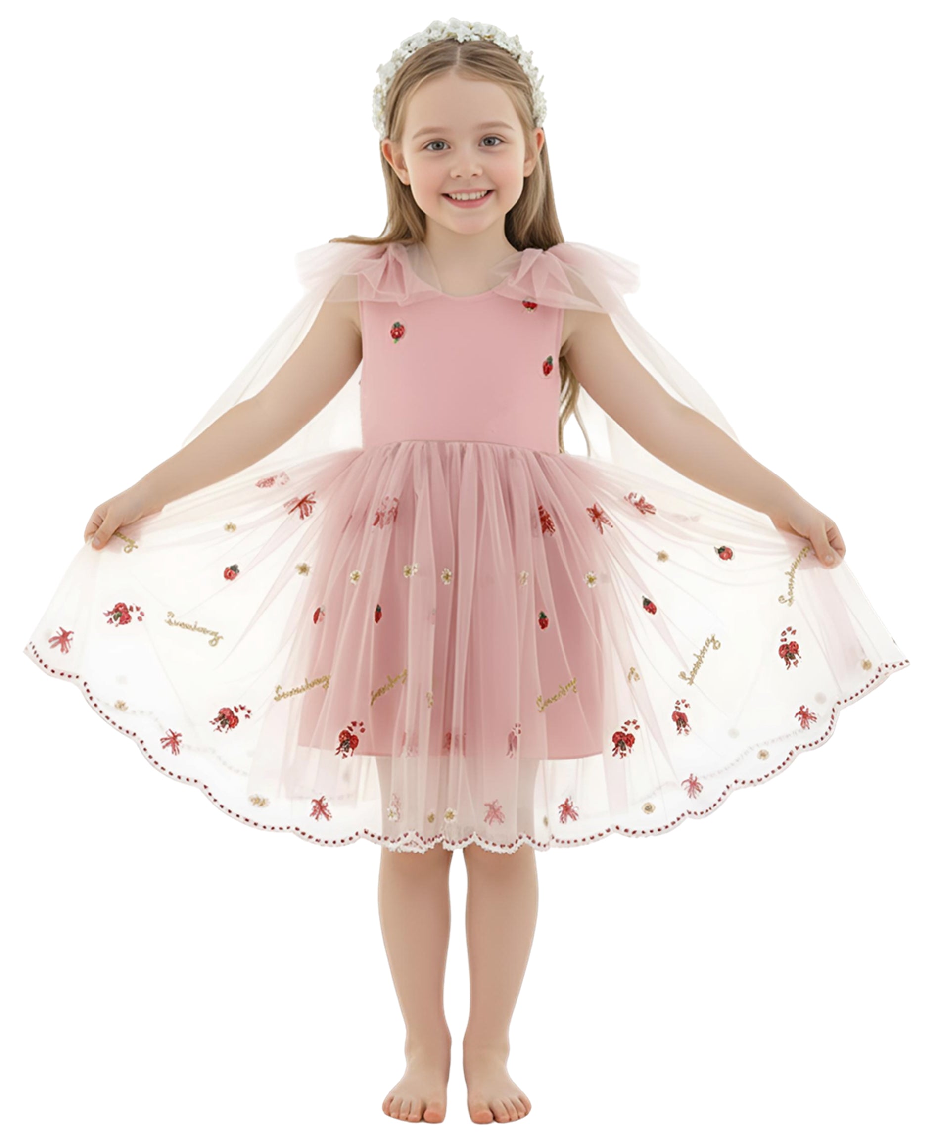 2Bunnies Girls' Floral Embroidered Tulle Strap Knee Dress in Pink Strawberry